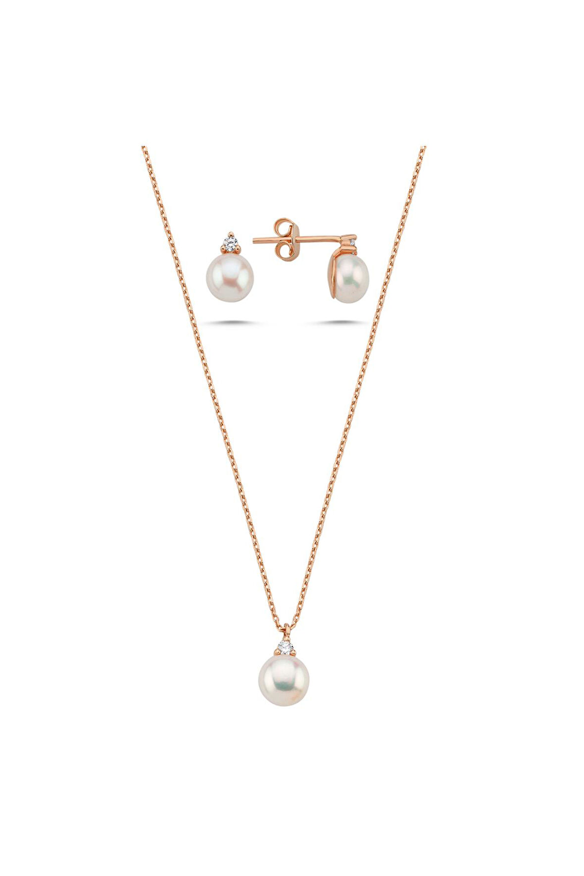 14 Ayar Altın 8 mm Doğal İnci 0,12 Ct Pırlantalı Küpe Kolye İkili Set