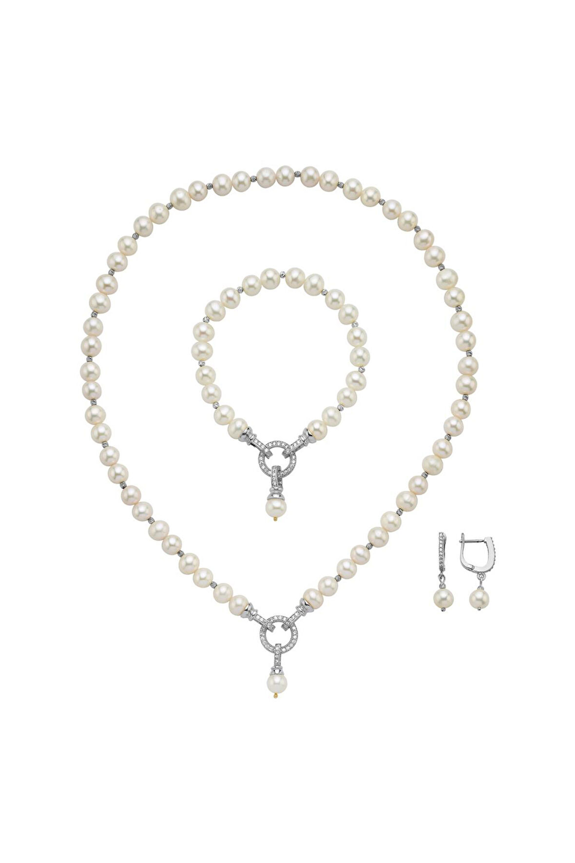 925 Ayar Gümüş Zirkon Taşlı Halka Kilitli Dorikalı Doğal İnci Küpe Kolye Bileklik Üçlü Set