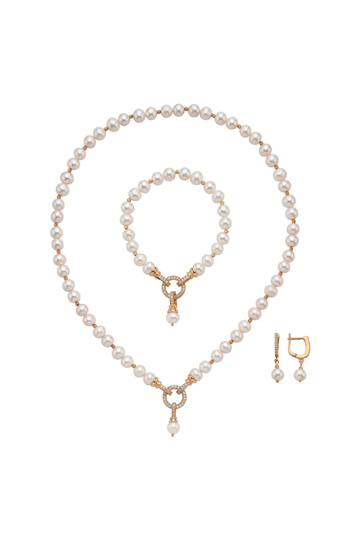 925 Ayar Gümüş Zirkon Taşlı Halka Kilitli Dorikalı Doğal İnci Küpe Kolye Bileklik Üçlü Set