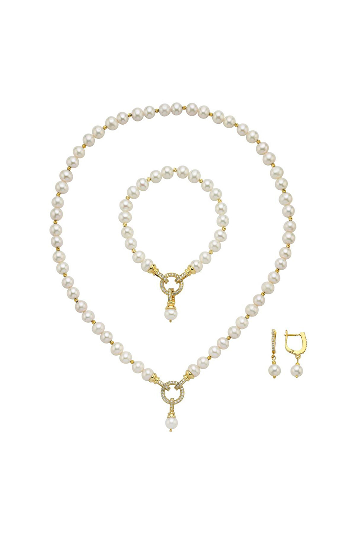 925 Ayar Gümüş Zirkon Taşlı Halka Kilitli Dorikalı Doğal İnci Küpe Kolye Bileklik Üçlü Set