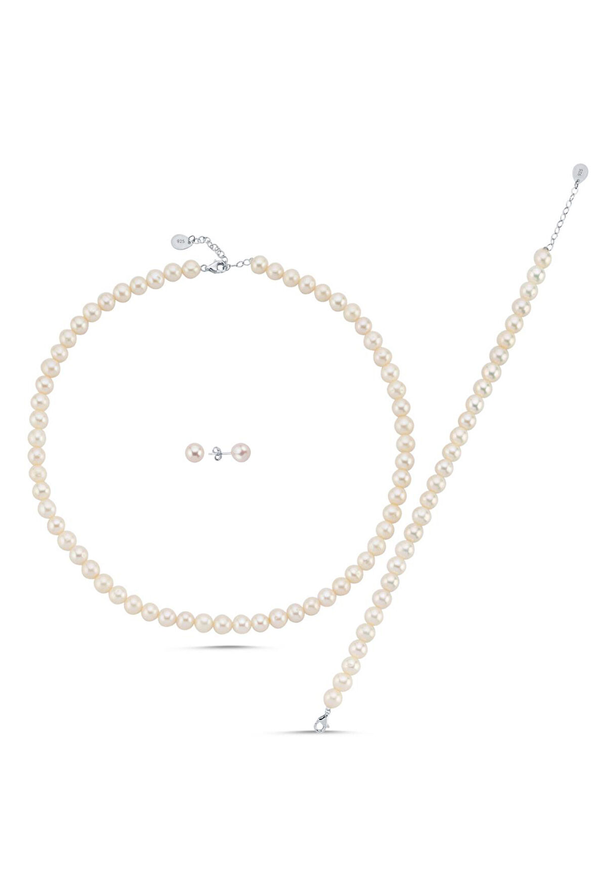 925 Ayar Gümüş 8 mm Doğal İnci Sıralı Kolye Bileklik Küpe Üçlü Set