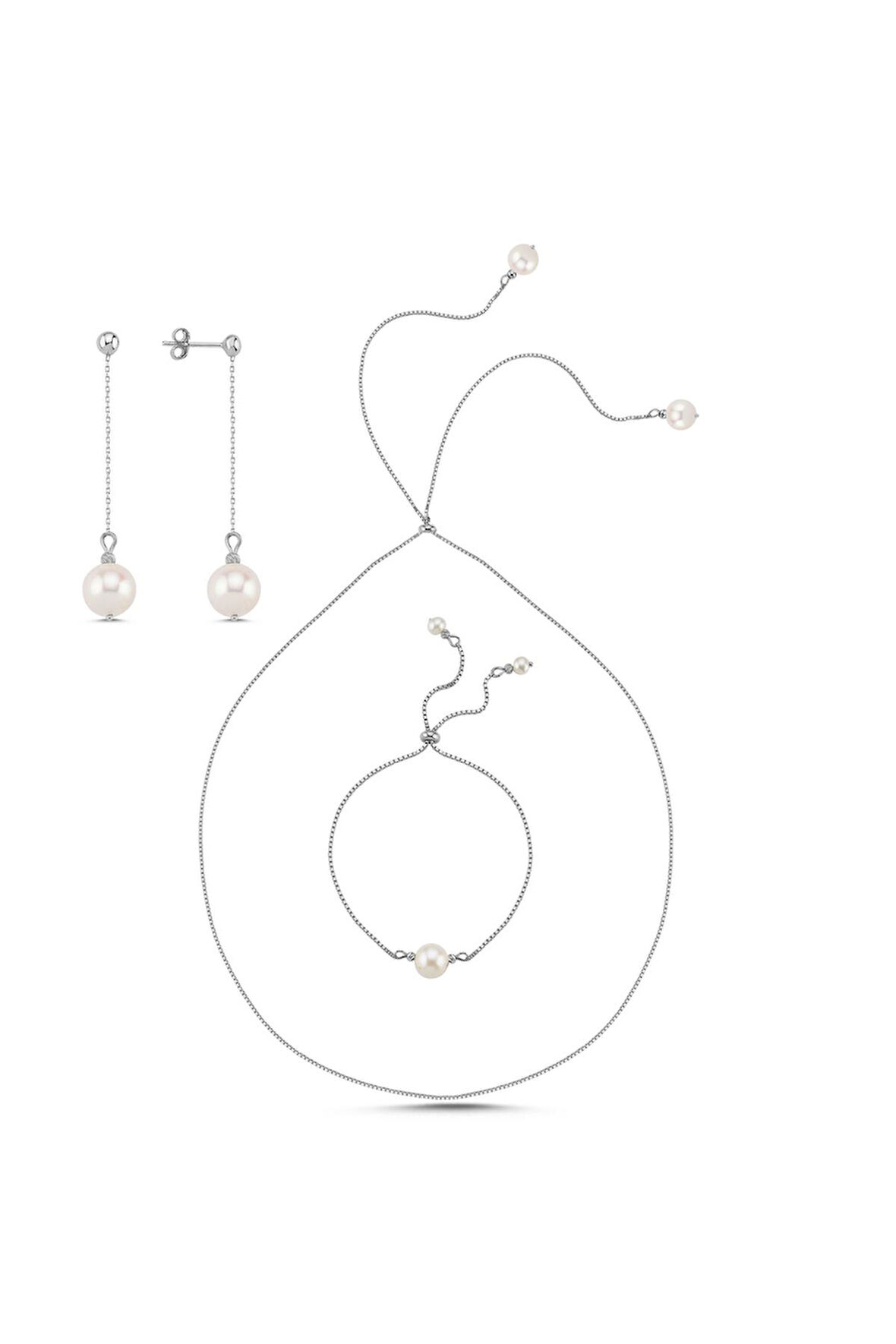 925 Ayar Gümüş Kadın Zincirli Asansör Model Doğal İnci Küpe Kolye Bileklik Üçlü Set