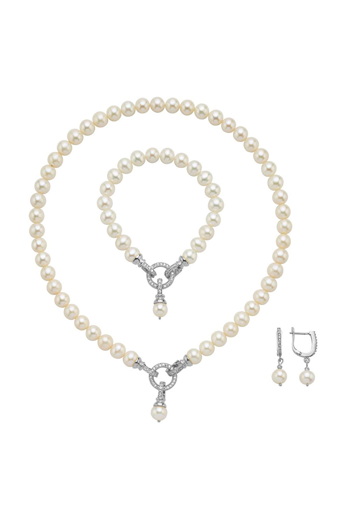 925 Ayar Gümüş 8 mm Halka Kilitli Doğal İnci Küpe Kolye Bileklik Üçlü Set