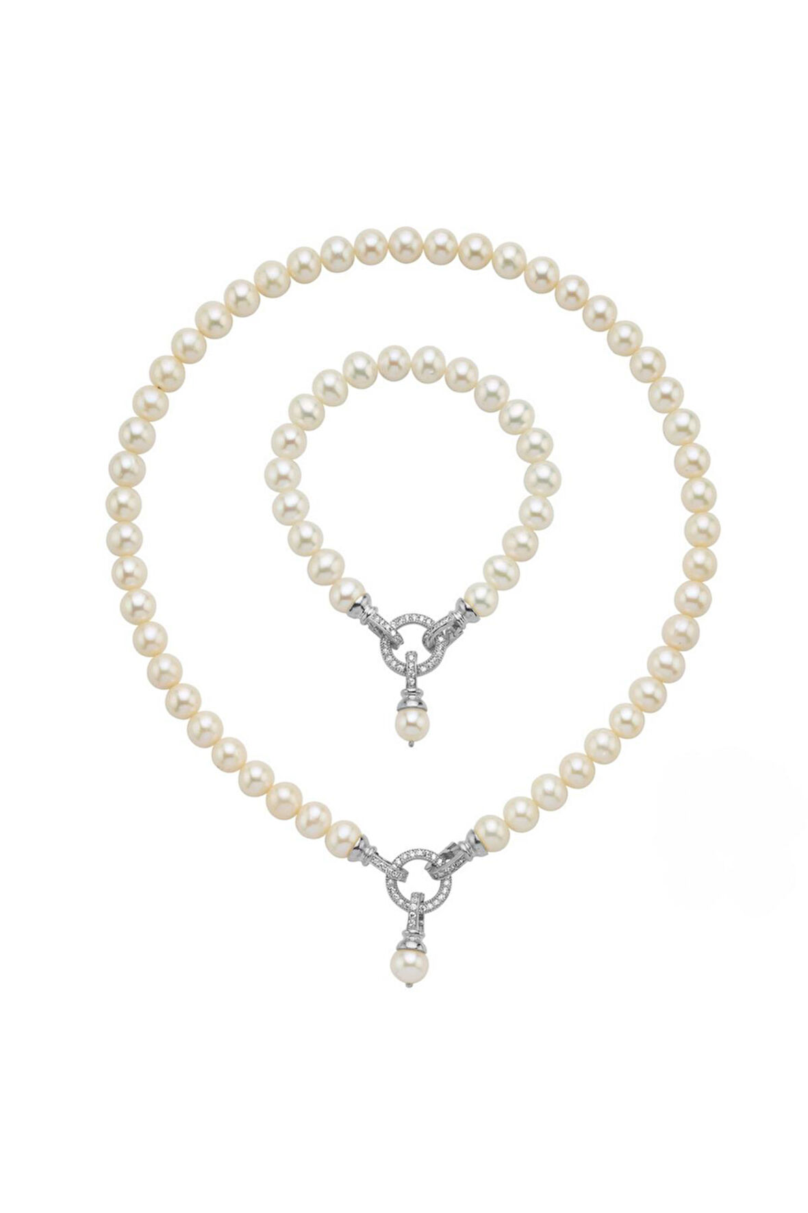 925 Ayar Gümüş 8 mm Halka Kilitli Doğal İnci Kolye Bileklik İkili Set