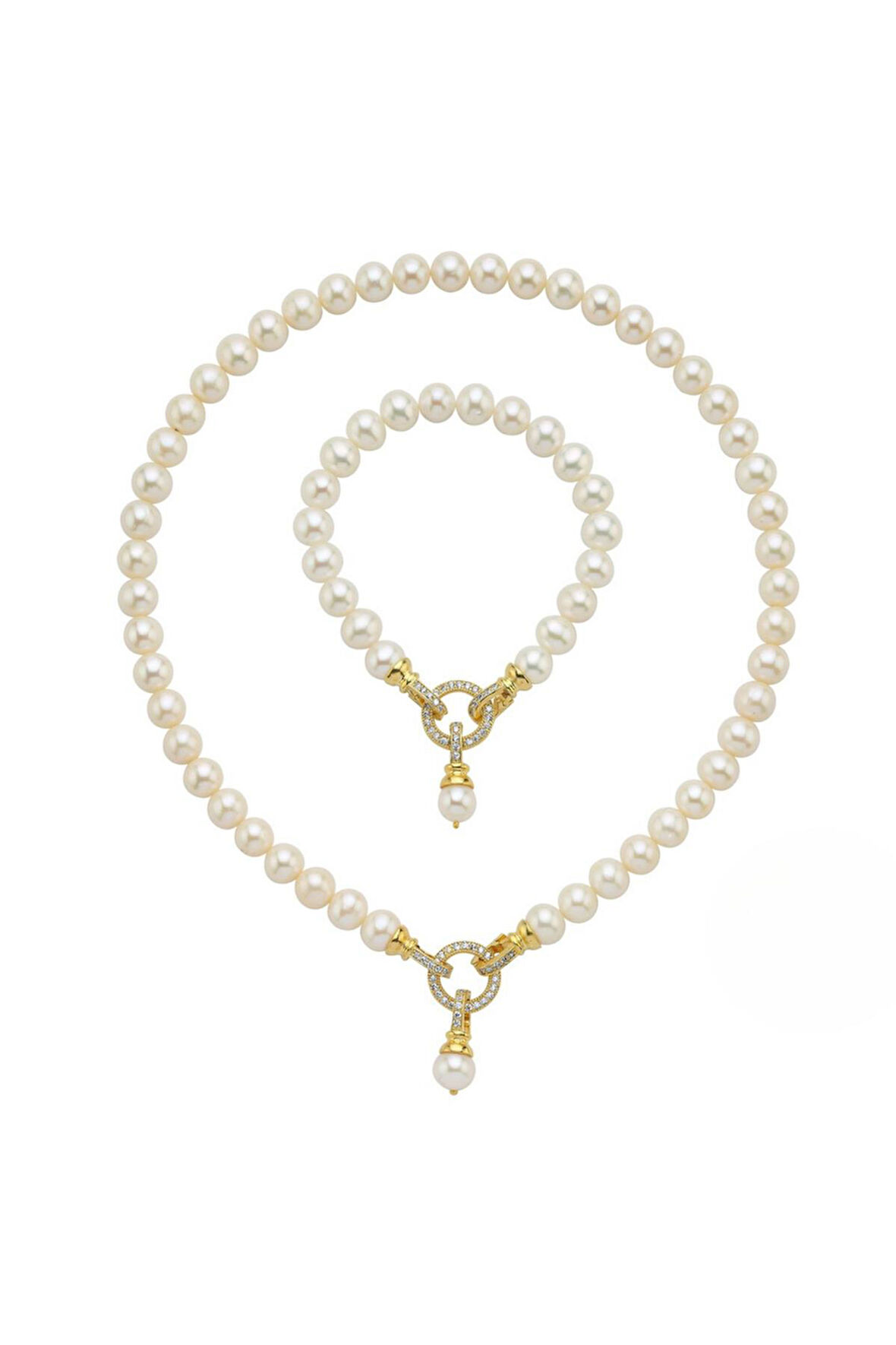 925 Ayar Gümüş 8 mm Halka Kilitli Doğal İnci Kolye Bileklik İkili Set