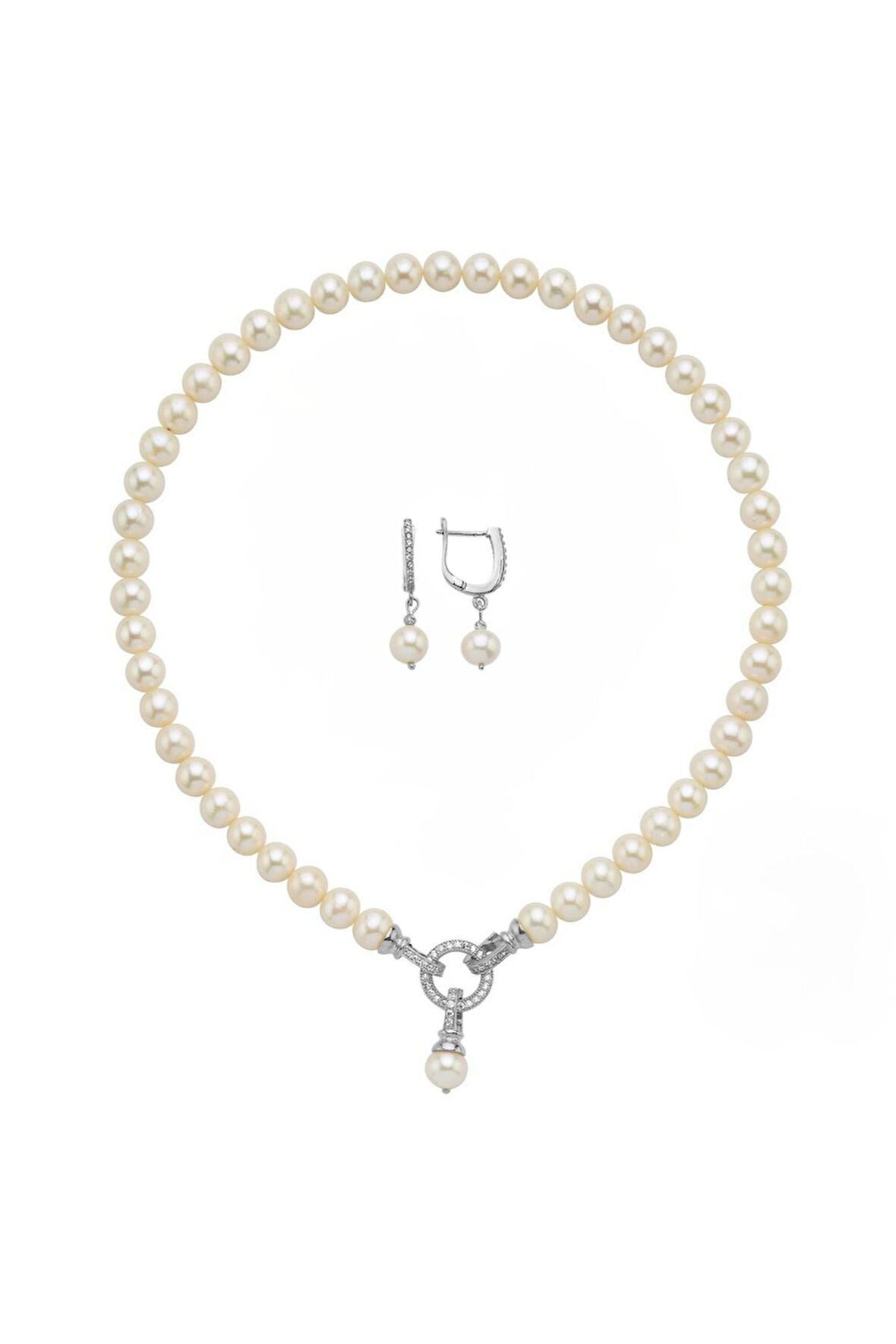 925 Ayar Gümüş 8 mm Halka Kilitli Doğal İnci Küpe Kolye İkili Set