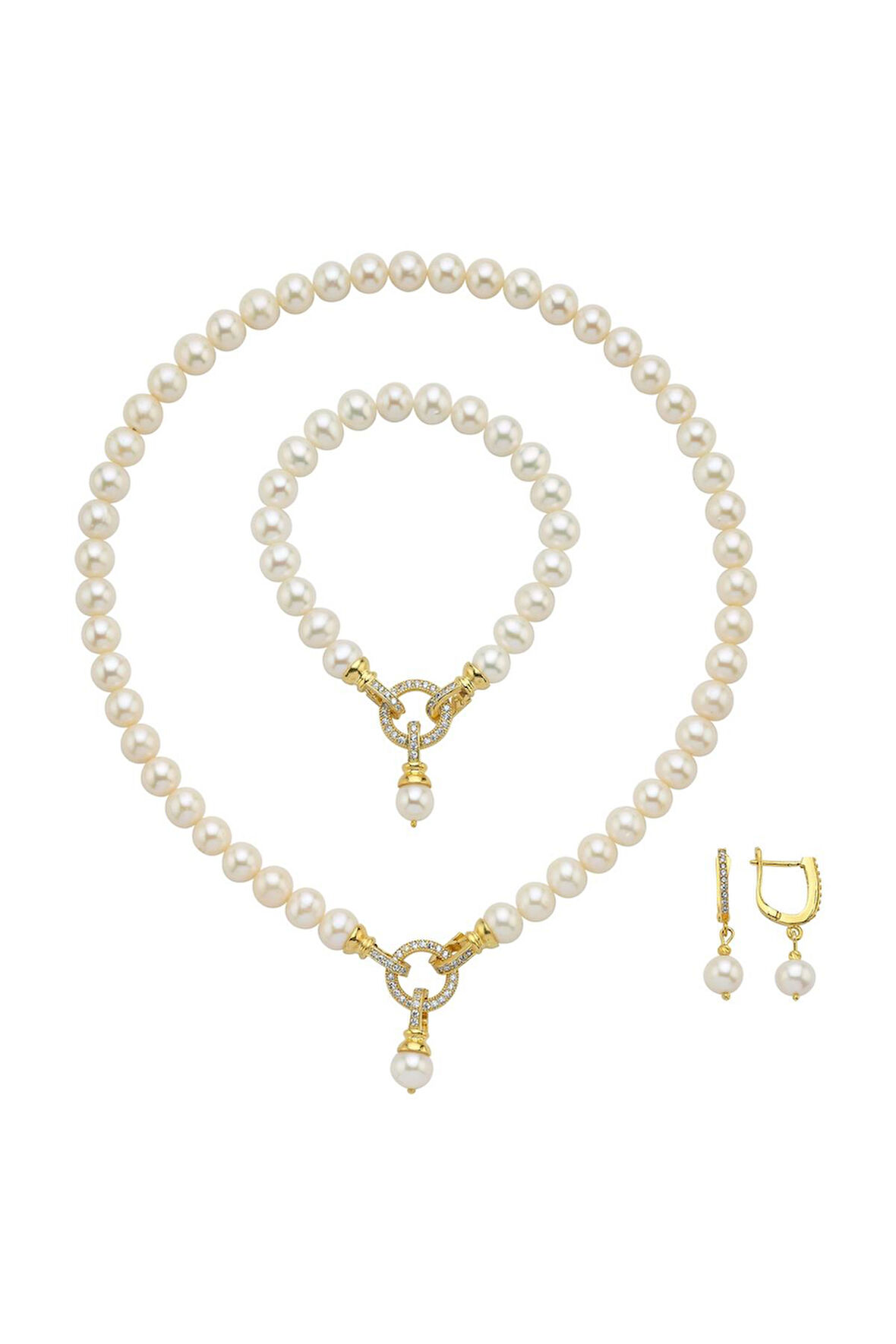 925 Ayar Gümüş 8 mm Halka Kilitli Doğal İnci Küpe Kolye Bileklik Üçlü Set