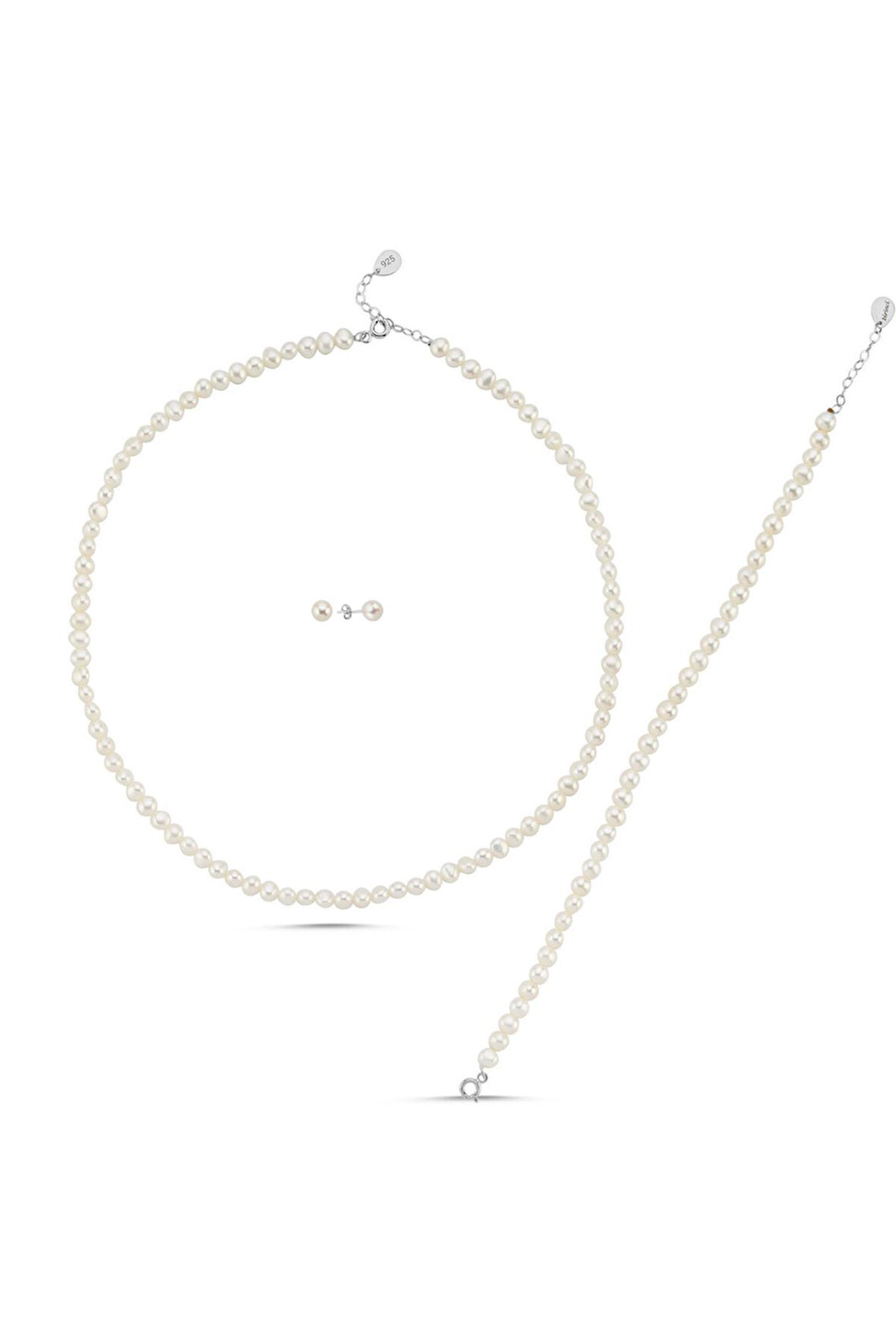 925 Ayar Gümüş 4 mm Doğal İnci Sıralı Kolye Bileklik Küpe Üçlü Set BVRTST05983ST14100ST09354
