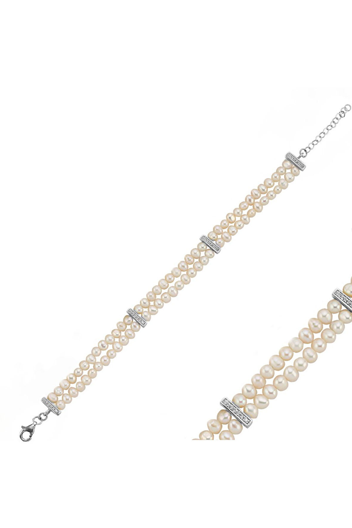 925 Ayar Gümüş 6 mm Çift Sıra Doğal İnci Bileklik