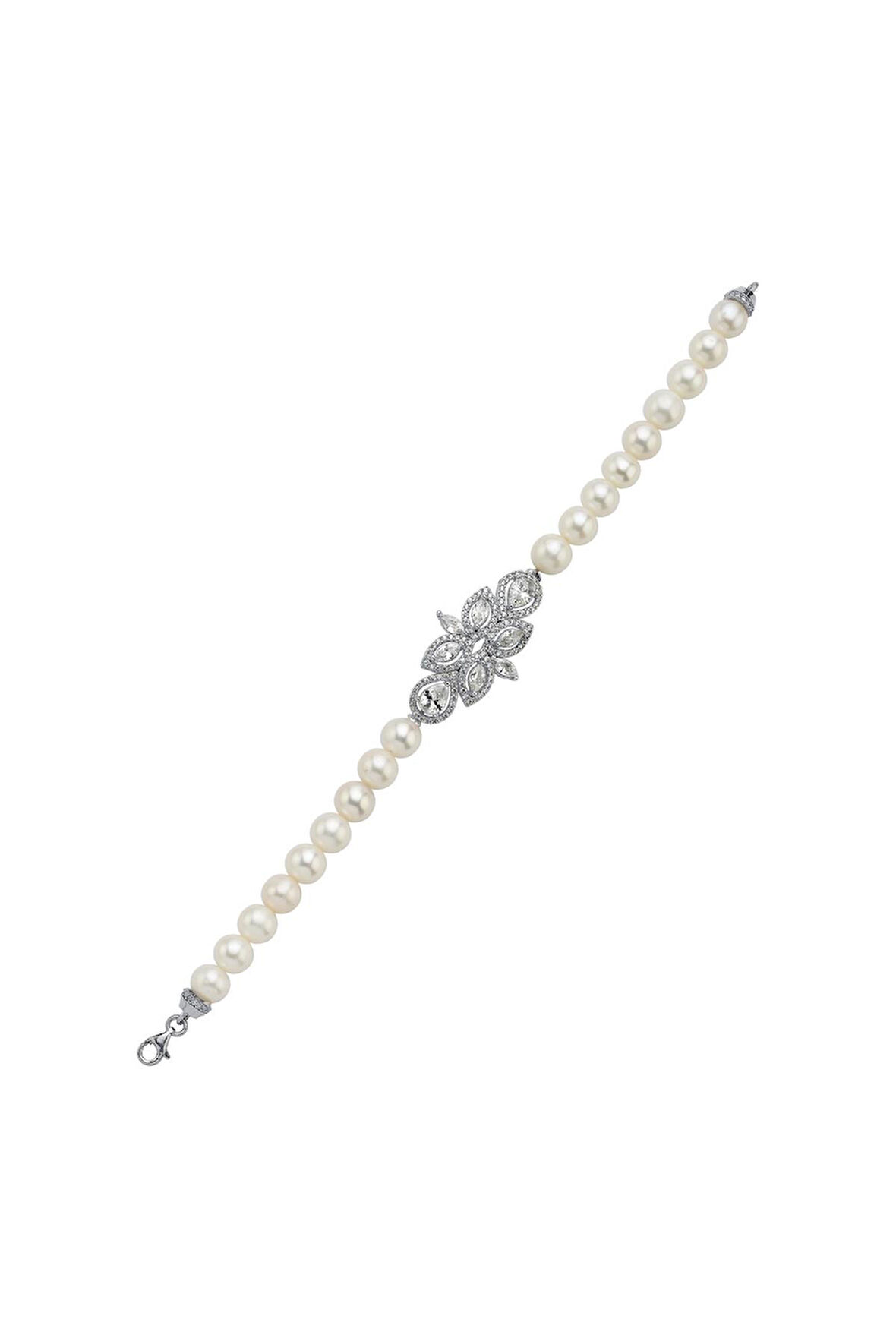 925 Ayar Gümüş Yaprak Tasarımlı Zirkon Taşlı Doğal İnci Bileklik