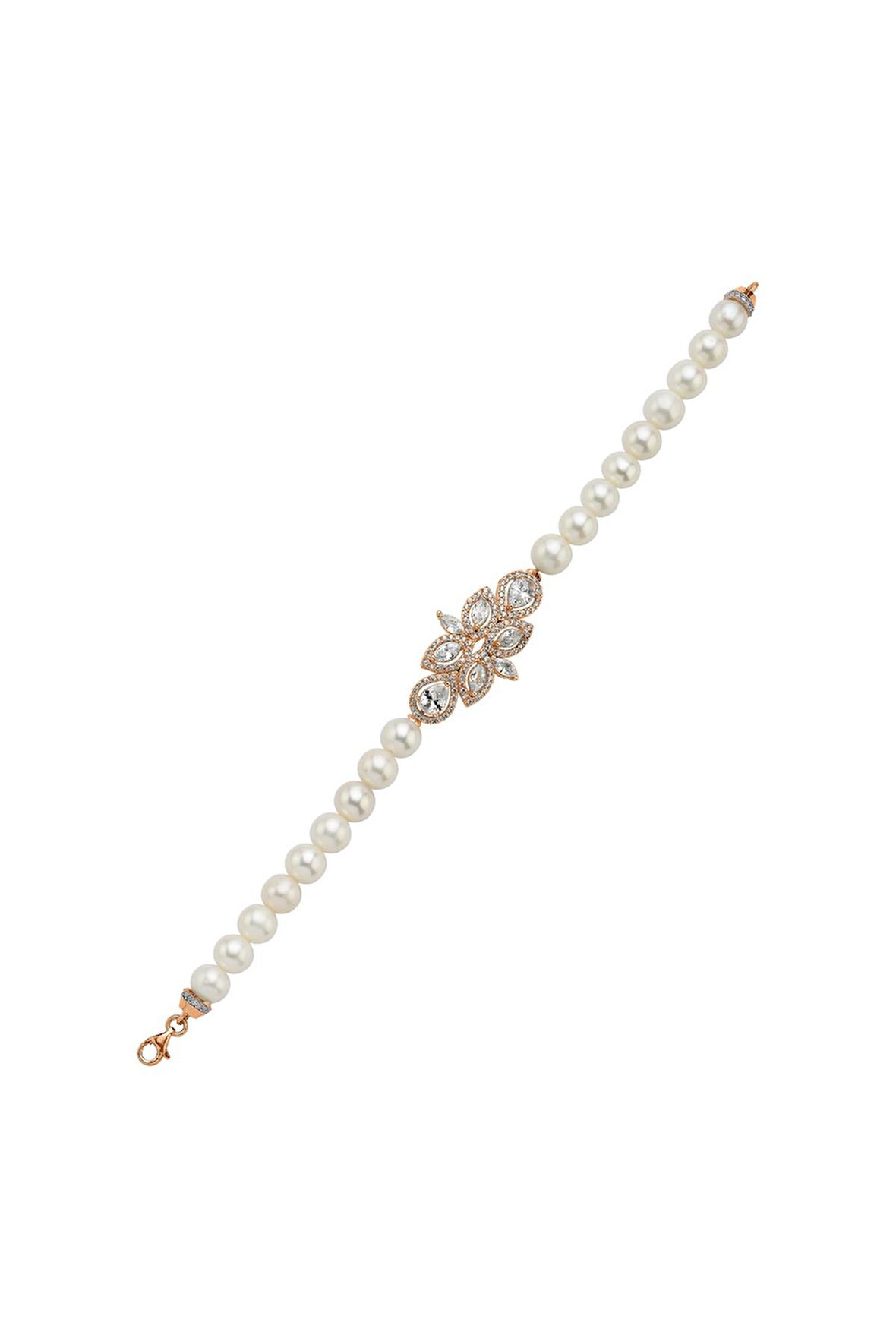 925 Ayar Gümüş Yaprak Tasarımlı Zirkon Taşlı Doğal İnci Bileklik