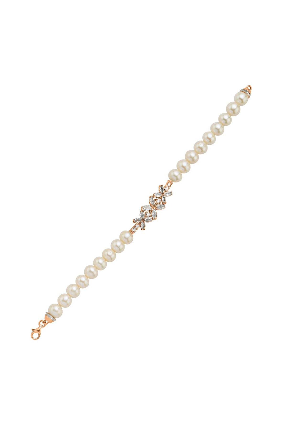 925 Ayar Gümüş Çiçek Tasarımlı Zirkon Taşlı Doğal İnci Kadın Bileklik