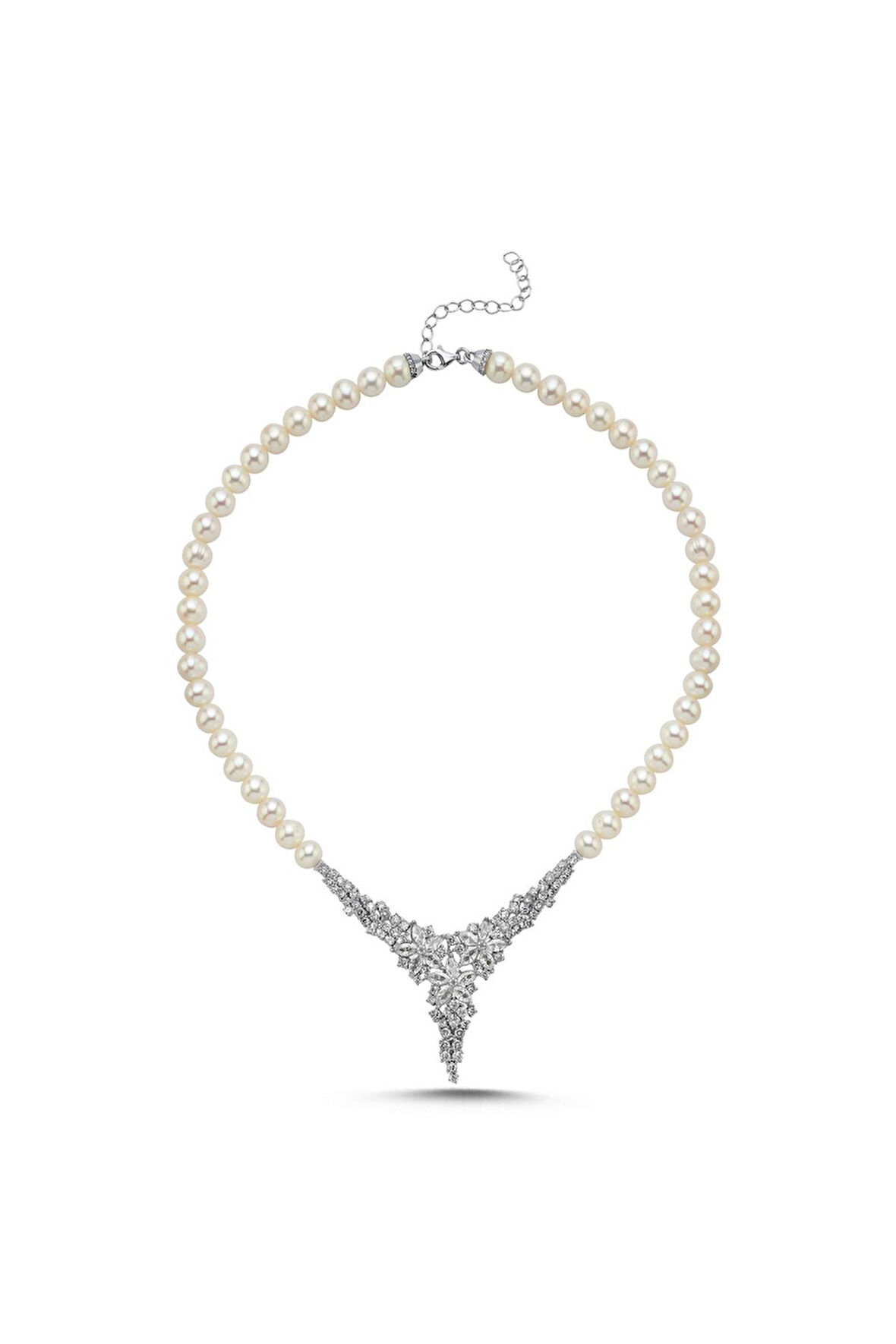 925 Ayar Gümüş 8 mm Zirkon Taşlı Doğal İnci Kolye