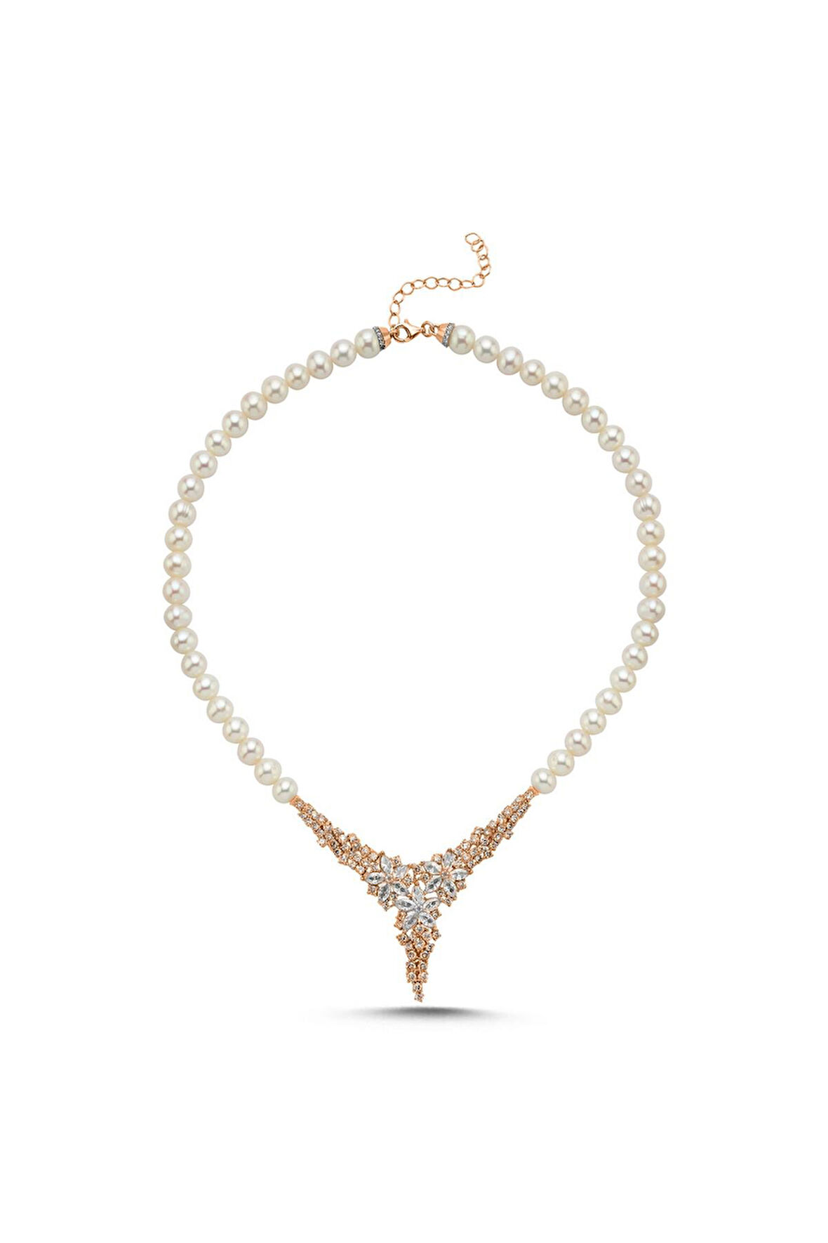 925 Ayar Gümüş 8 mm Zirkon Taşlı Doğal İnci Kolye