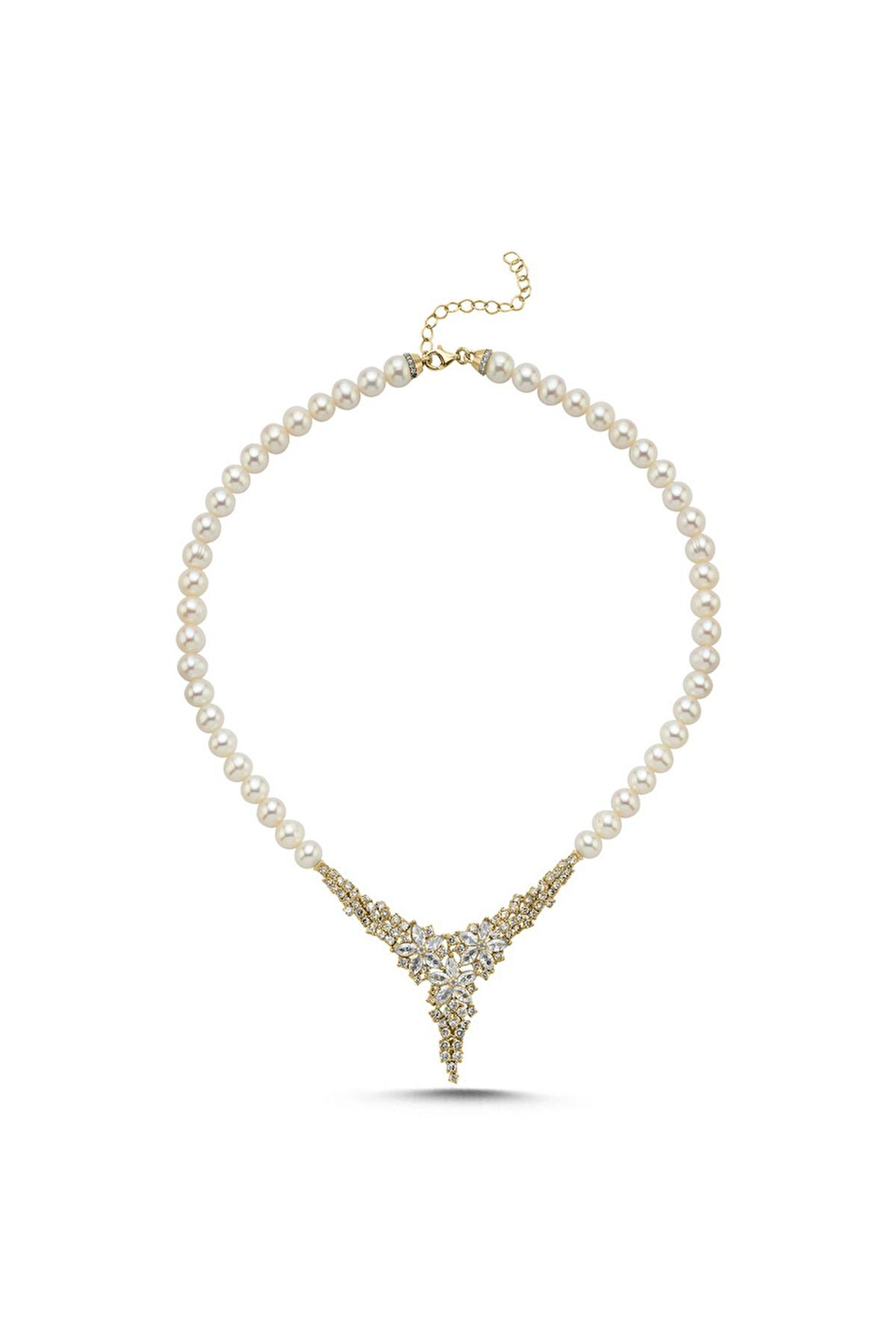 925 Ayar Gümüş 8 mm Zirkon Taşlı Doğal İnci Kolye