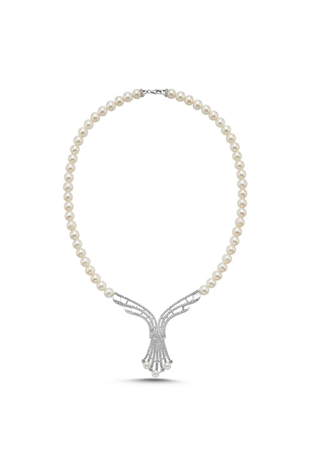 925 Ayar Gümüş 8 mm Zirkon Taşlı Doğal İnci Gerdanlık