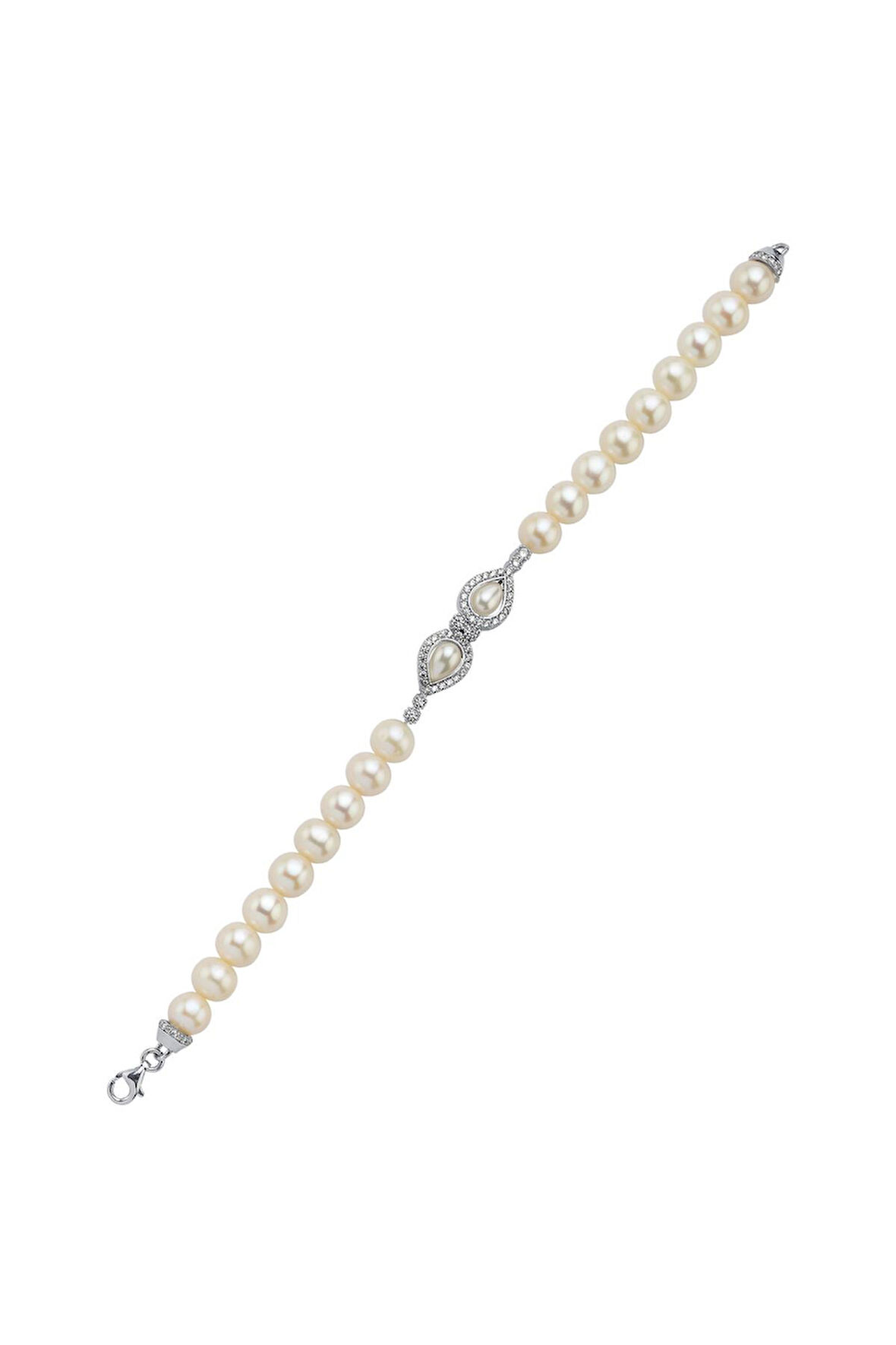 925 Ayar Gümüş Zirkon Taşlı Doğal İncili Kadın Bileklik