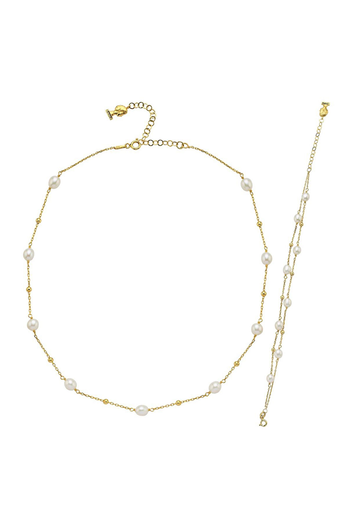 925 Ayar Gümüş Kadın Dorika Toplu Doğal İnci Kolye Bileklik İkili Set