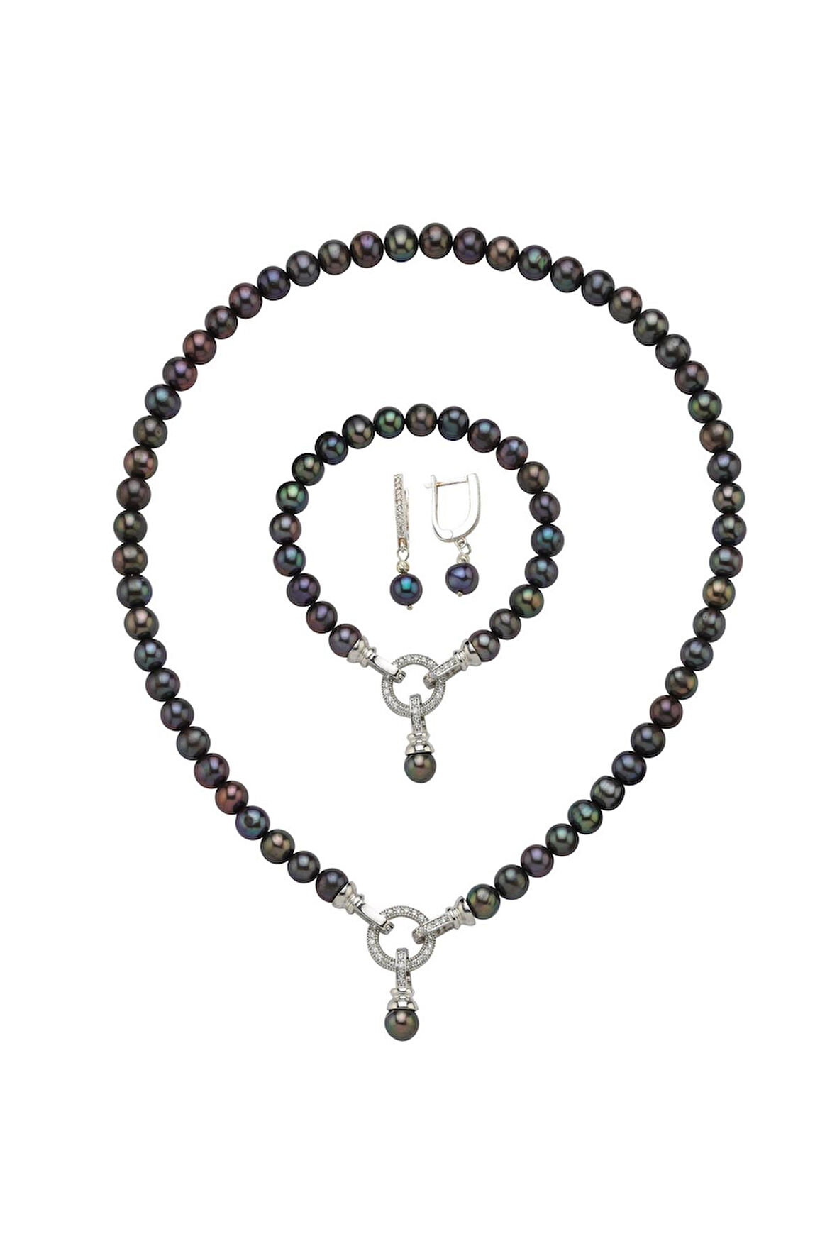 925 Ayar Gümüş 8 mm Zirkon Taşlı Halka Kilitli Doğal İnci Küpe Kolye Bileklik Üçlü Set