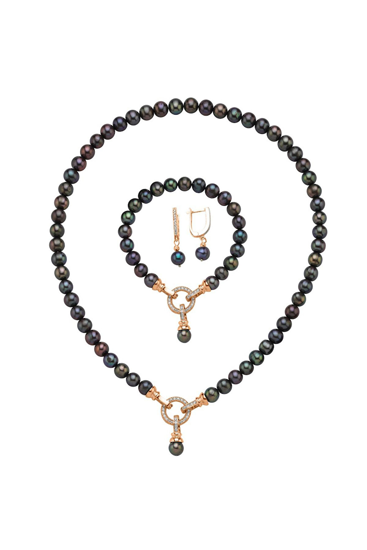 925 Ayar Gümüş 8 mm Zirkon Taşlı Halka Kilitli Doğal İnci Küpe Kolye Bileklik Üçlü Set