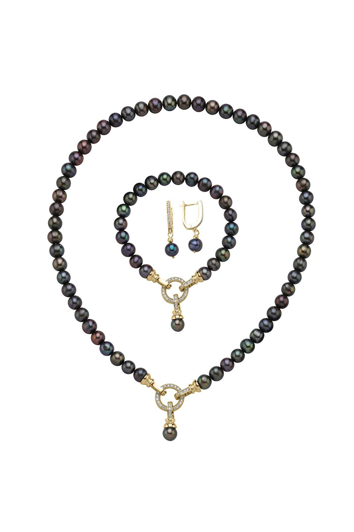 925 Ayar Gümüş 8 mm Zirkon Taşlı Halka Kilitli Doğal İnci Küpe Kolye Bileklik Üçlü Set