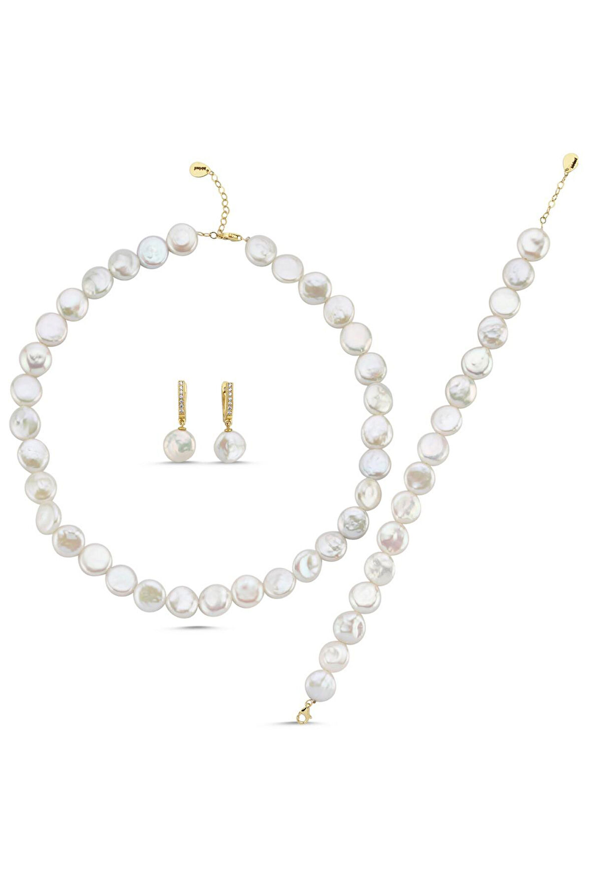 925 Ayar Gümüş Yassı Doğal İnci Küpe Kolye Bileklik Üçlü Set