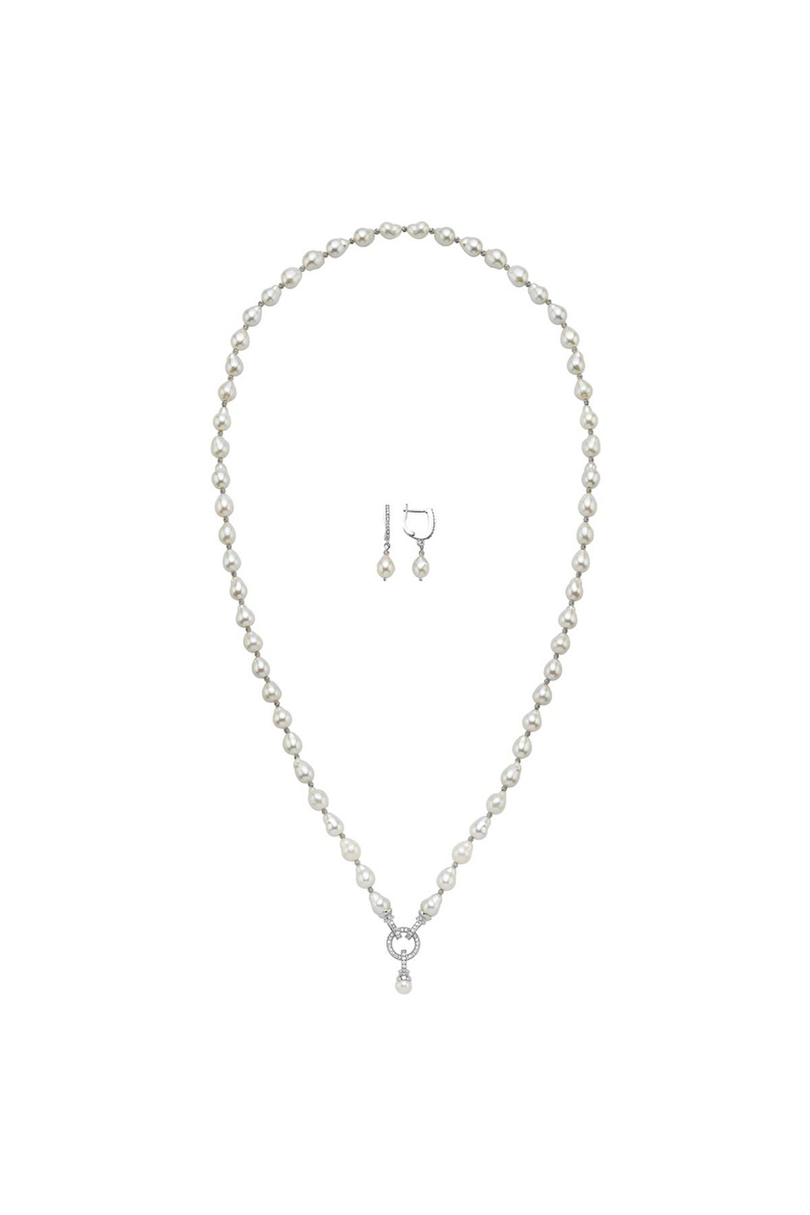 925 Ayar Gümüş Zirkon Taşlı Halka Kilitli Doğal Damla İnci Küpe Kolye İkili Set