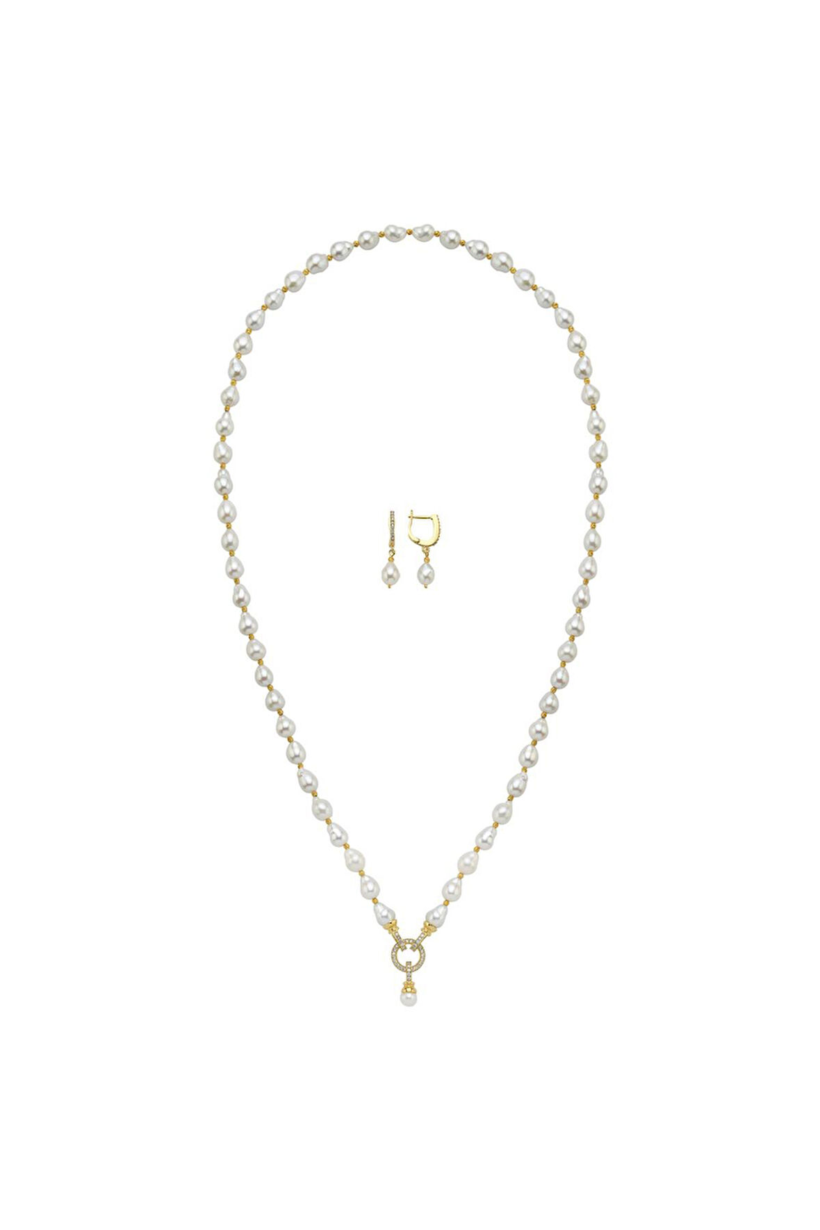 925 Ayar Gümüş Zirkon Taşlı Halka Kilitli Doğal Damla İnci Küpe Kolye İkili Set