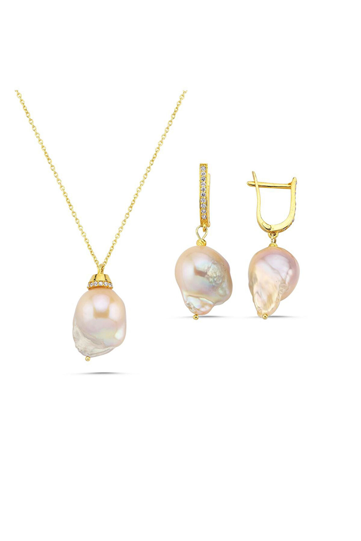 925 Ayar Gümüş Şeftali Rengi Barok İnci Kolye Küpe İkili Set