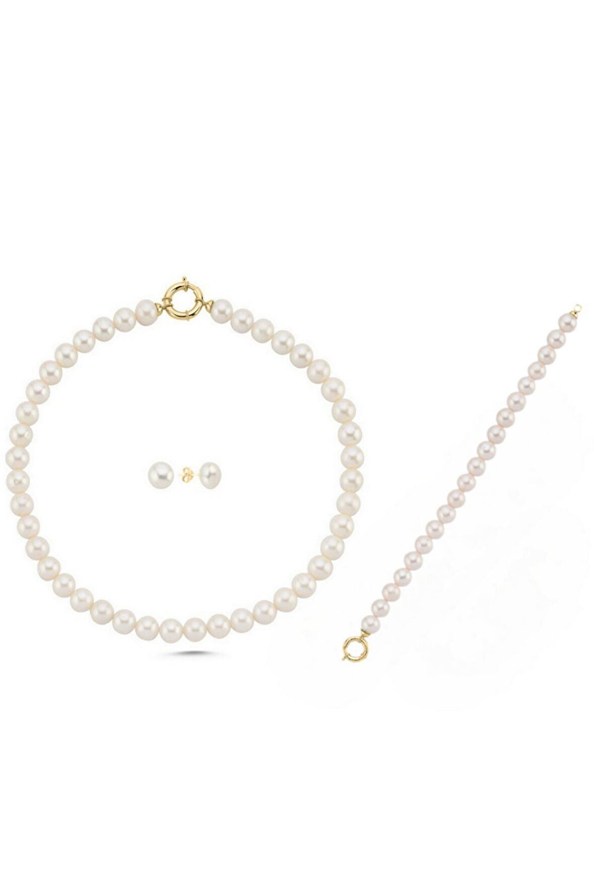 925 Ayar Gümüş 9 mm Gemici Kilit Doğal İnci Kolye Bileklik Küpe Üçlü Set BVRTST14112ST08041ST08182Y