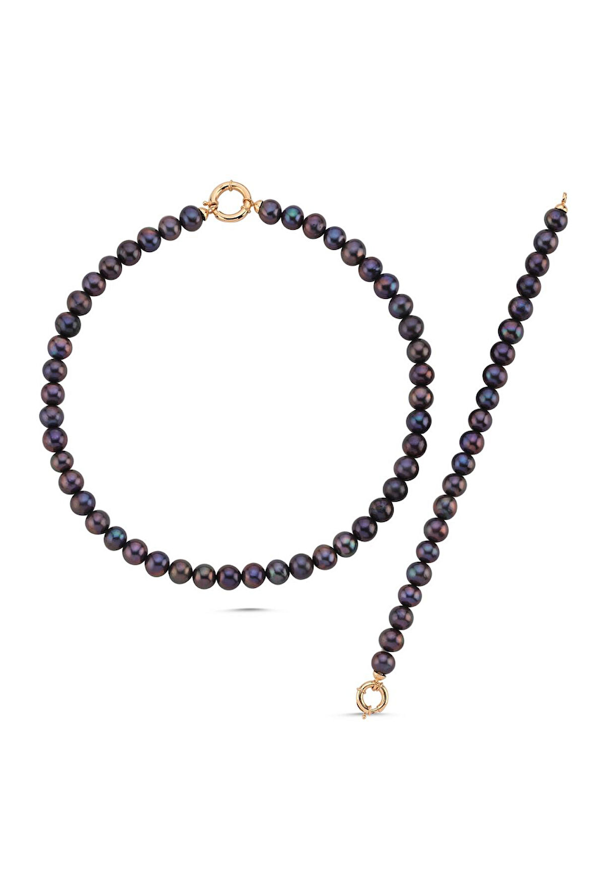 925 Ayar Gümüş 10 mm Denizci Kilit Sıralı Siyah İnci Kolye Bileklik İkili Set