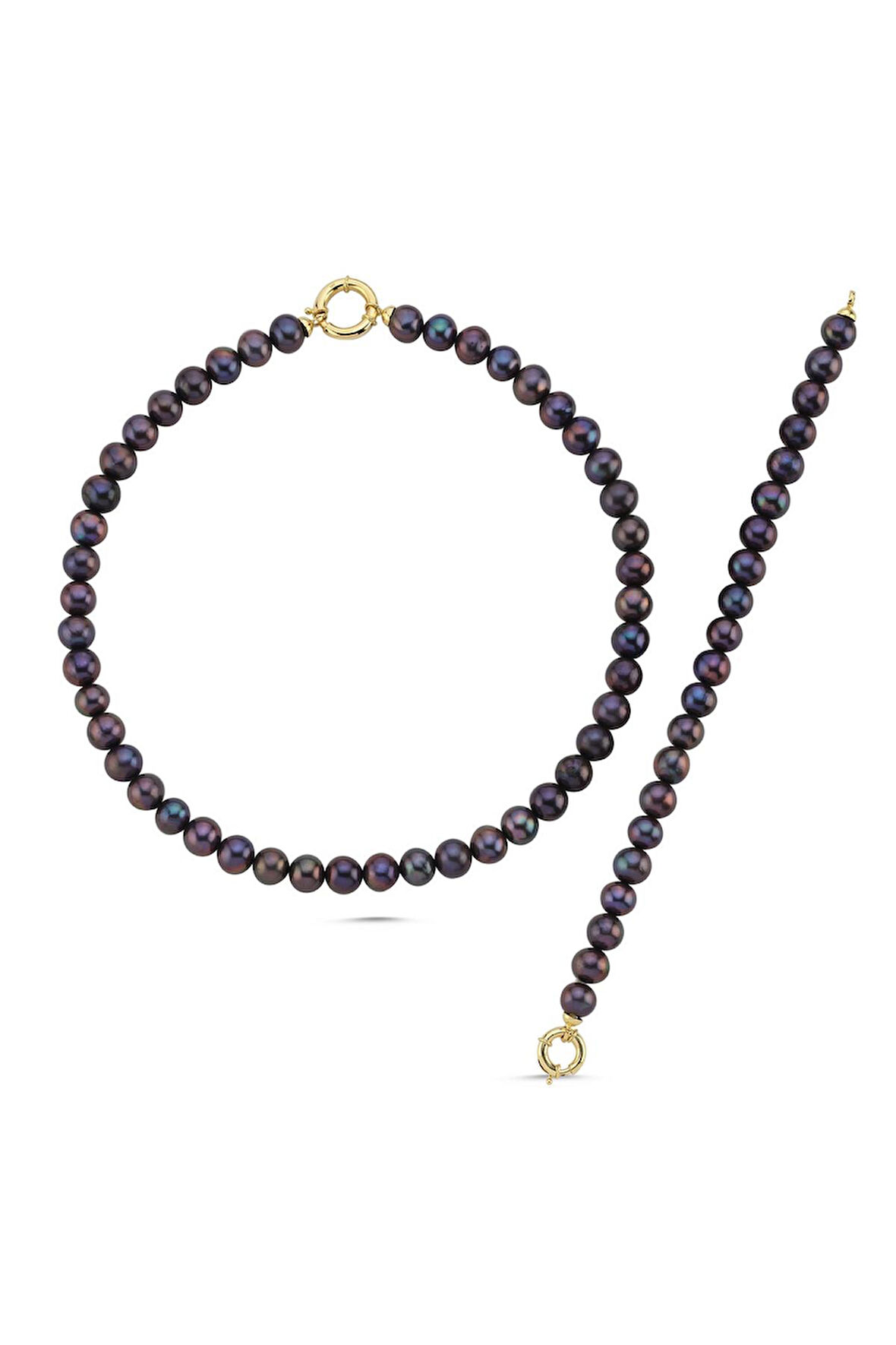 925 Ayar Gümüş 10 mm Denizci Kilit Sıralı Siyah İnci Kolye Bileklik İkili Set