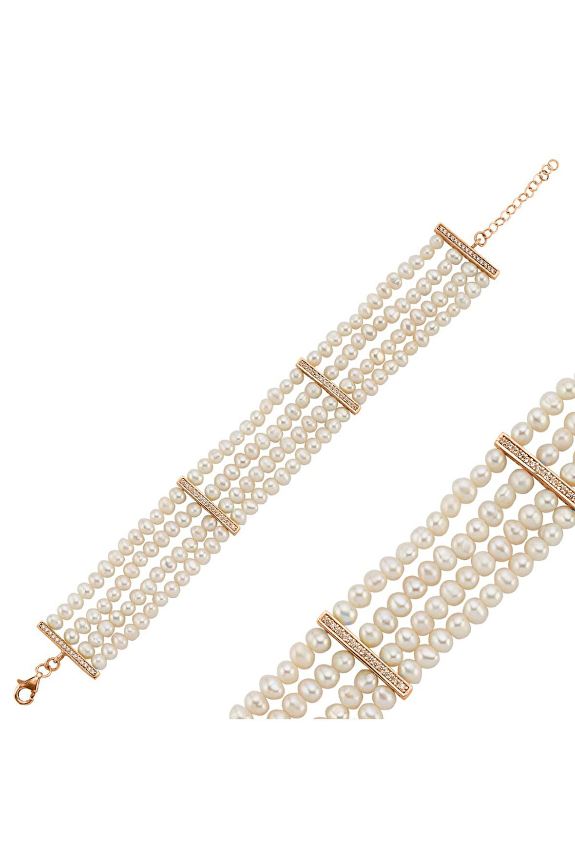 925 Ayar Gümüş  Zirkon Taşlı Doğal İnci 5 mm 4 Sıra Bileklik