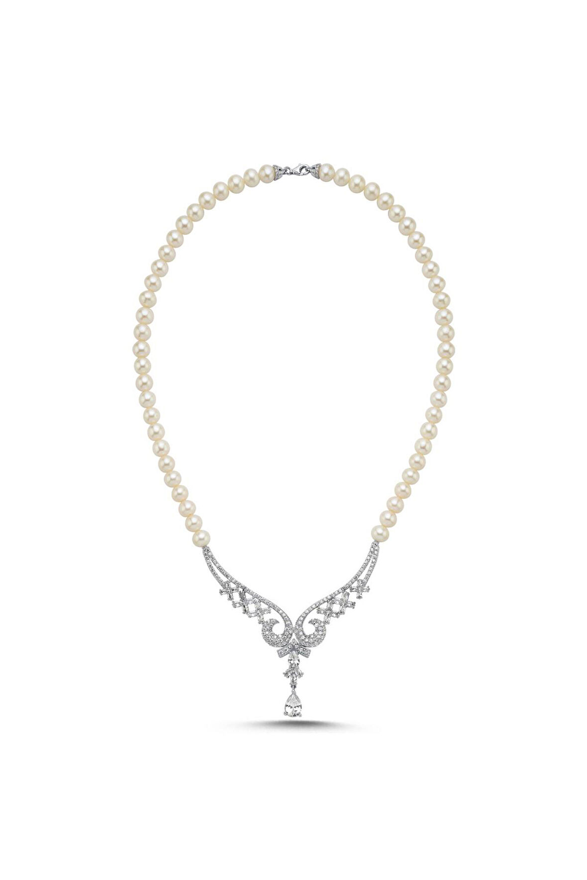 925 Ayar Gümüş 8 mm Koç Başı Zirkon Taşlı İnci Kolye