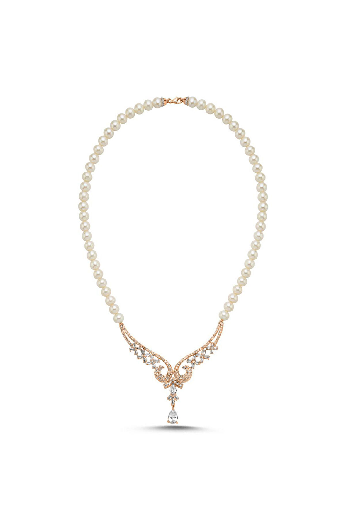 925 Ayar Gümüş 8 mm Koç Başı Zirkon Taşlı İnci Kolye