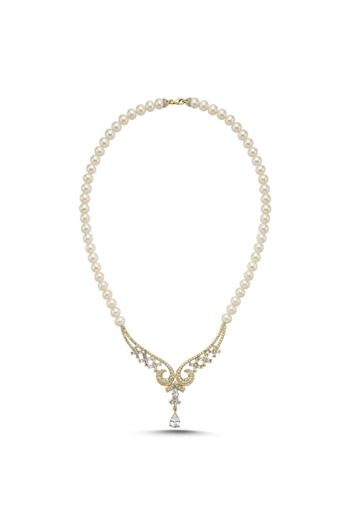 925 Ayar Gümüş 8 mm Koç Başı Zirkon Taşlı İnci Kolye