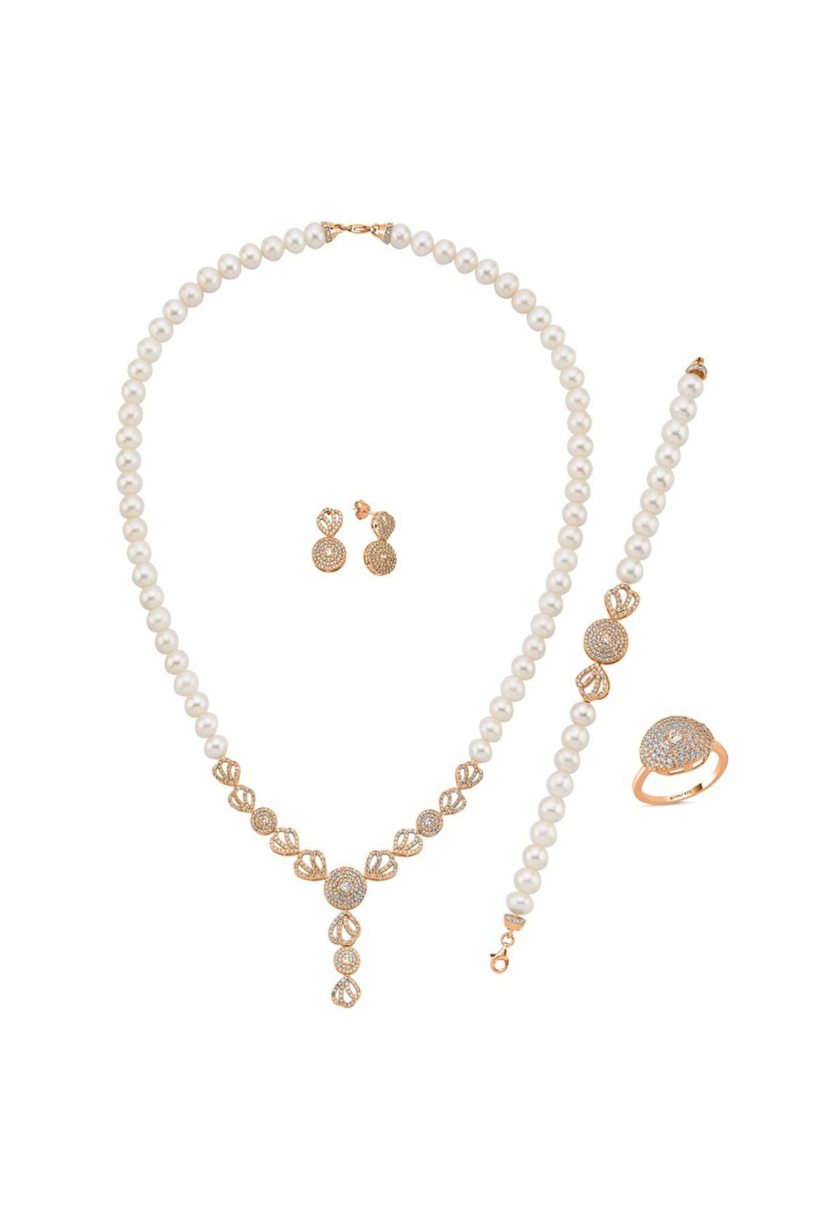 925 Ayar Gümüş 8 mm Zirkon Taşlı İnci Kolye Bilelik Küpe Yüzük Dörtlü Set