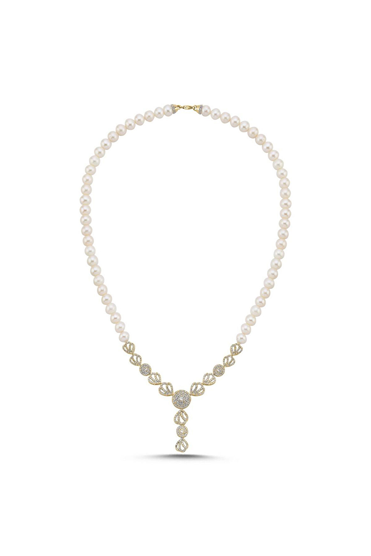 925 Ayar Gümüş 8 mm Zirkon Taşlı İnci Kolye