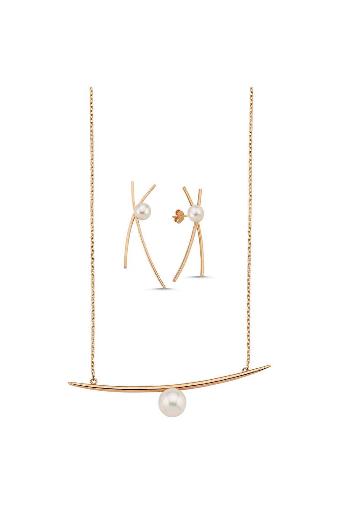 14 Ayar Altın 7 mm Doğal İncili Küpe Kolye İkili Set