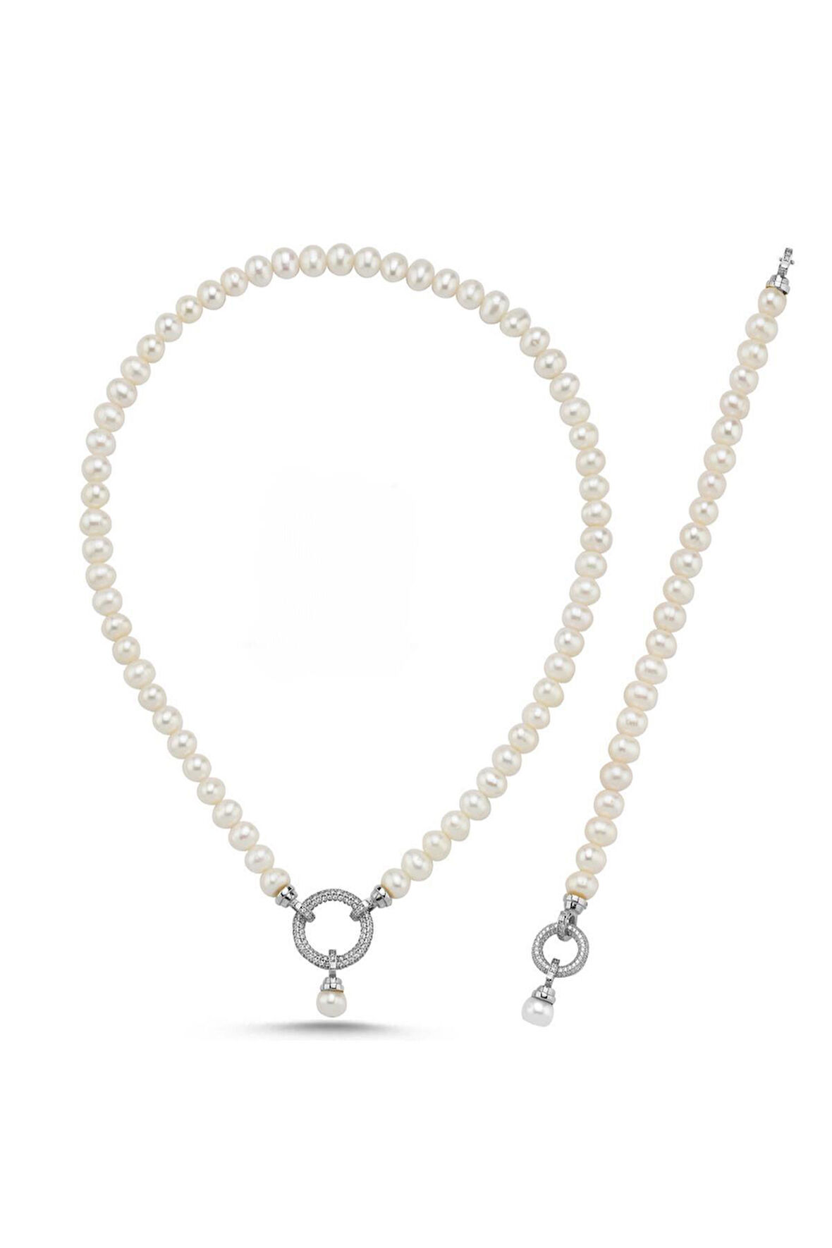 14 Ayar Altın 8 mm Halka Kilitli Doğal İnci Kolye Bileklik İkili Set