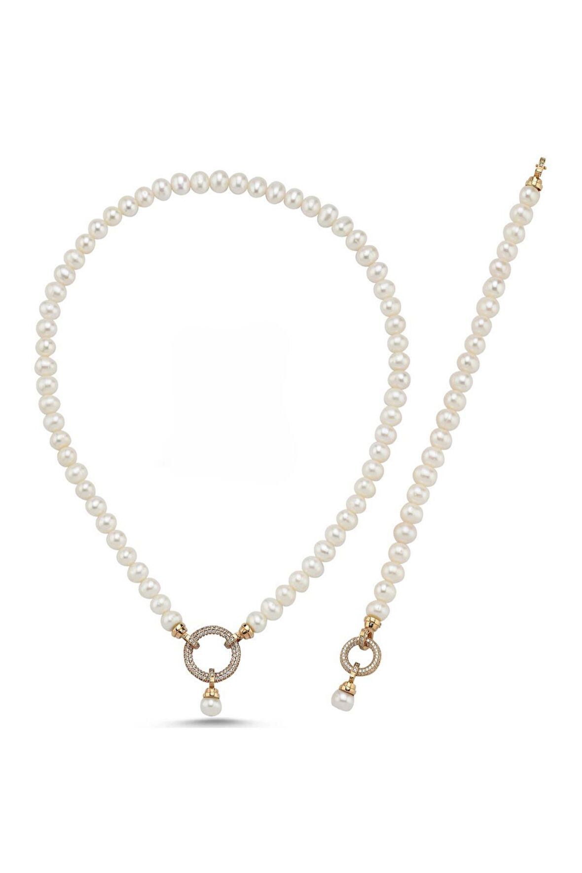 14 Ayar Altın 8 mm Halka Kilitli Doğal İnci Kolye Bileklik İkili Set