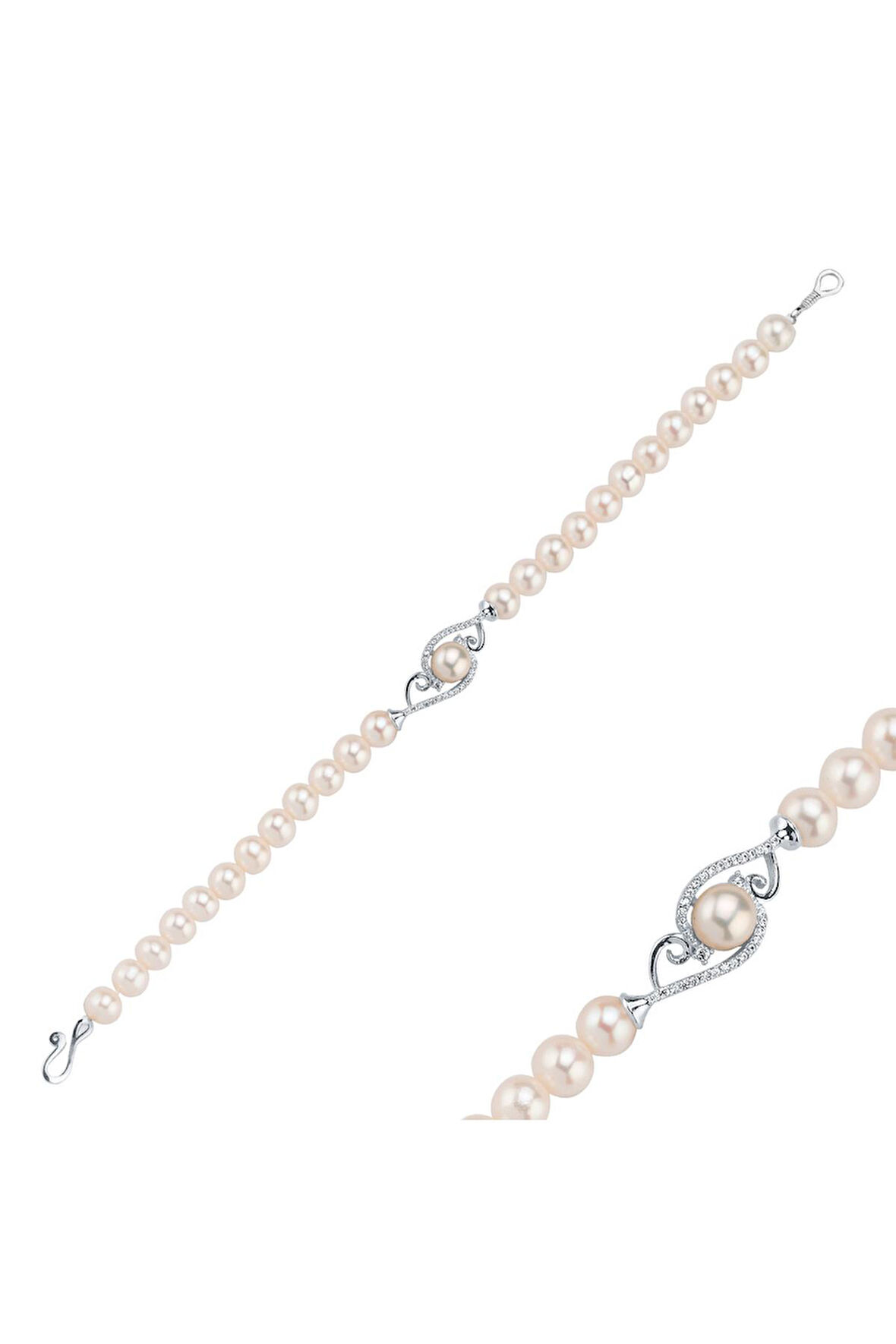 14 Ayar Altın 5 mm Zirkon Taşlı Doğal İnci Bileklik