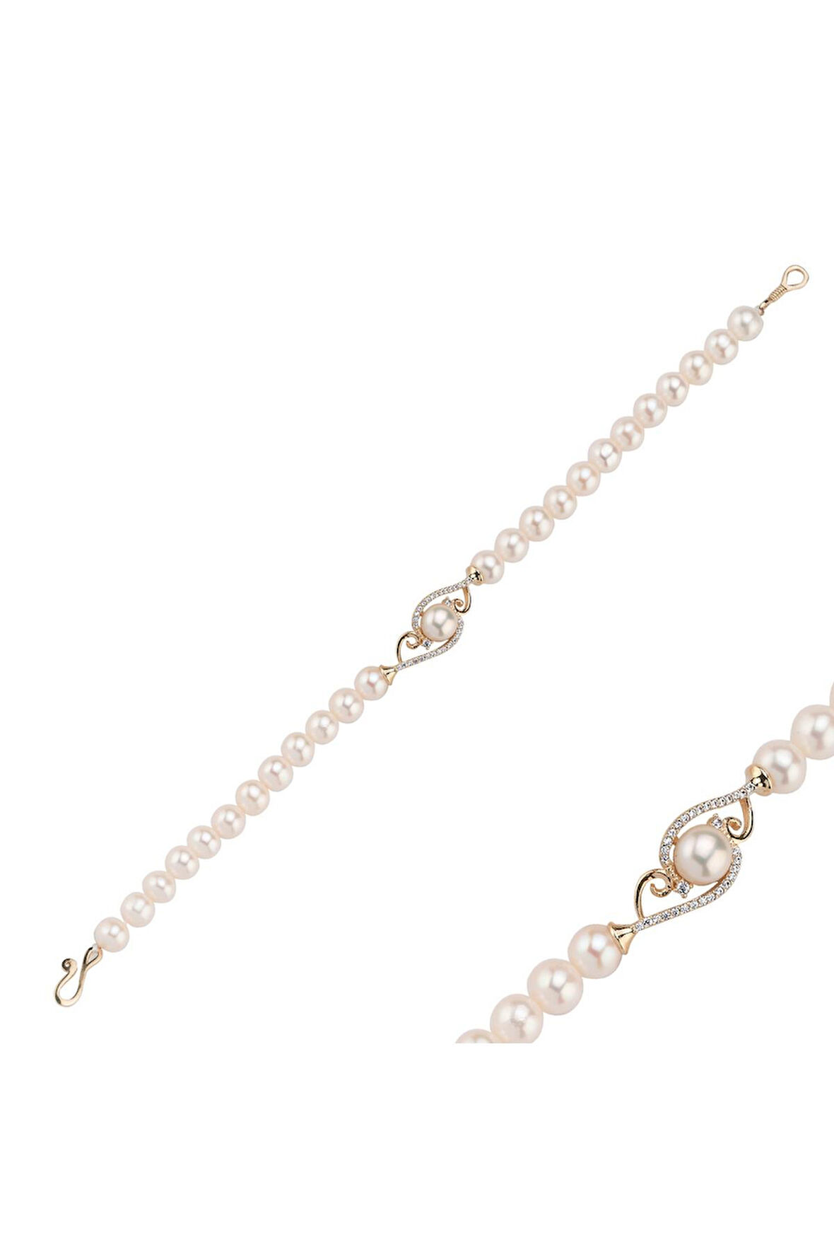 14 Ayar Altın 5 mm Zirkon Taşlı Doğal İnci Bileklik