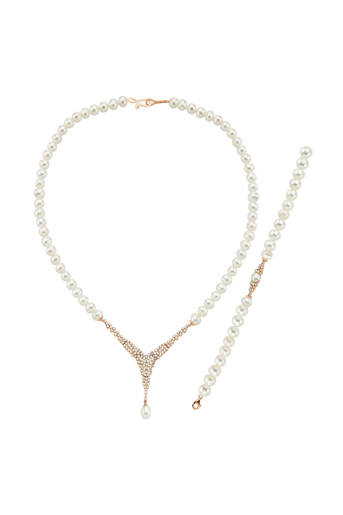 14 Ayar Altın Kadın Markiz Kesim Doğal İnci Kolye Bileklik İkili Set