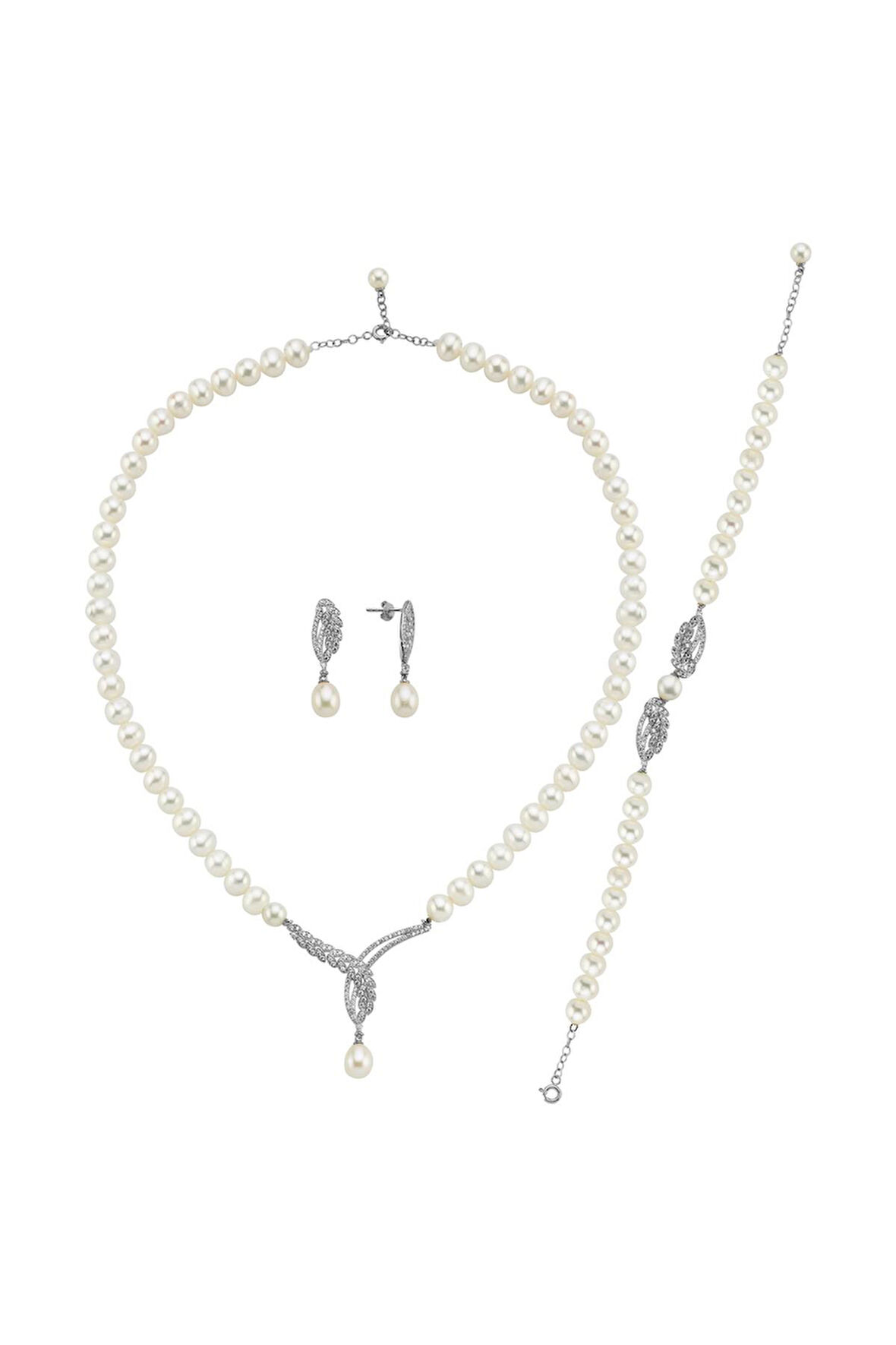 14 Ayar Altın 9 mm Yaprak Taşlı Doğal İnci Küpe Kolye Bileklik Üçlü Set