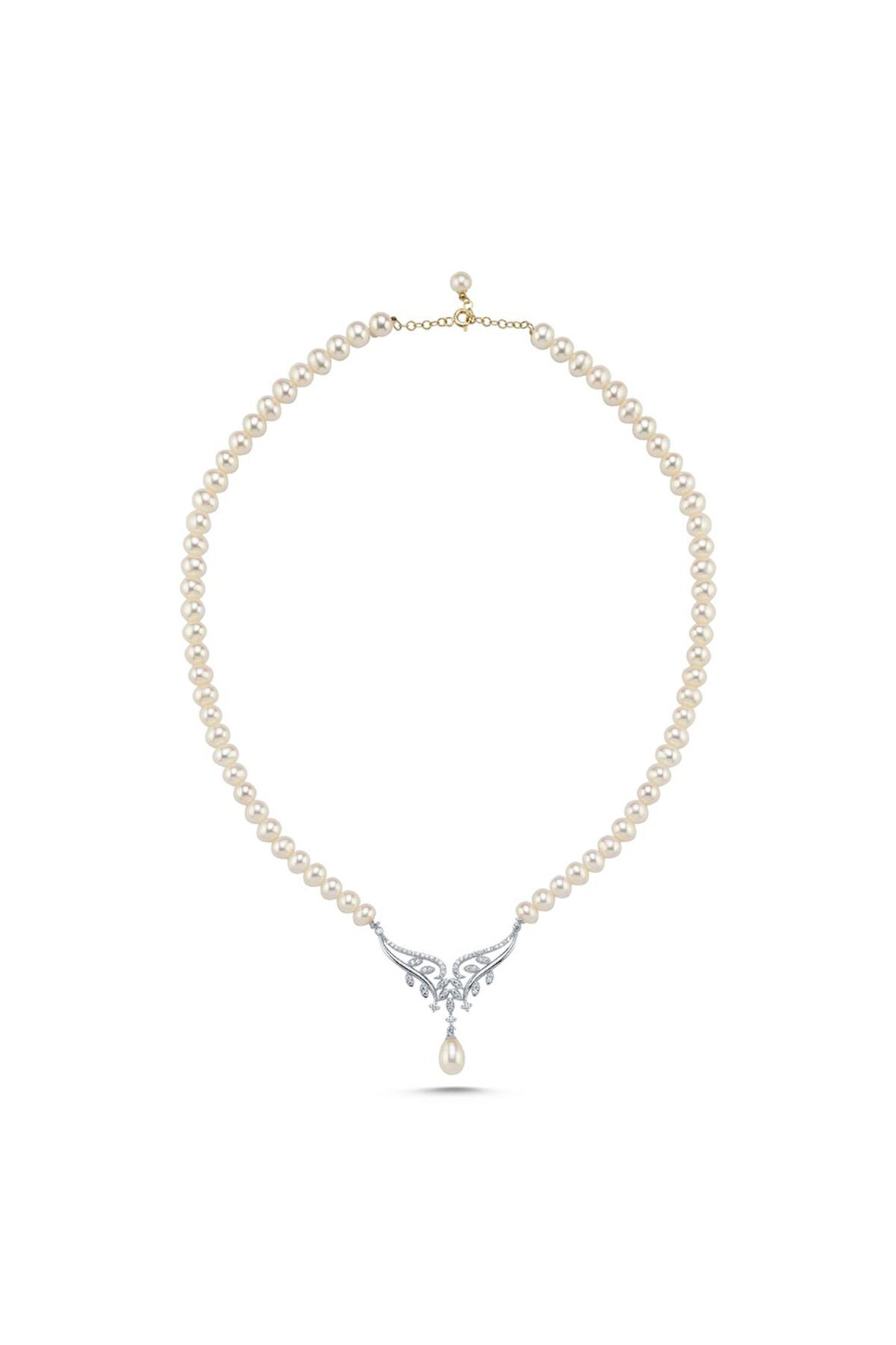 14 Ayar Altın 7 mm Yaprak Taşlı Doğal İnci Kolye BVRTZ102407