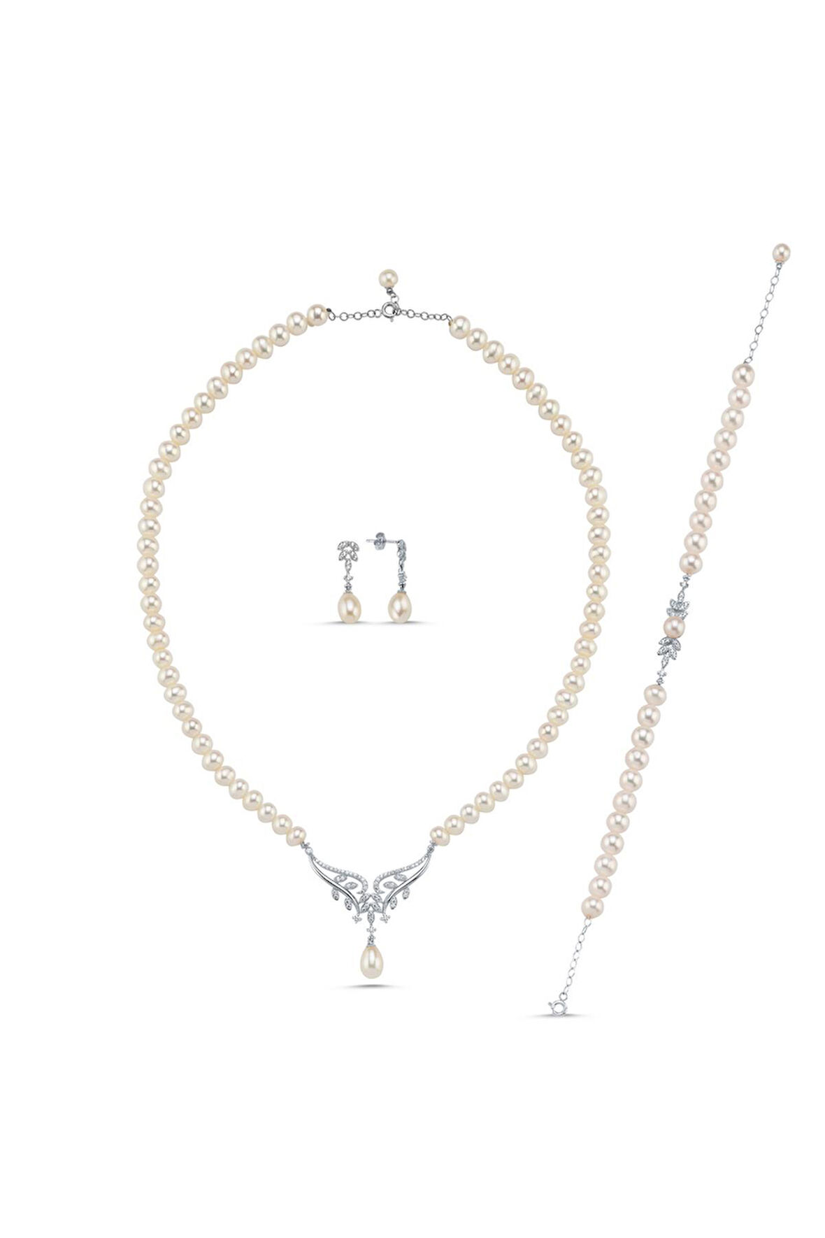 14 Ayar Altın 7 mm Yaprak Taşlı Doğal İnci Küpe Kolye Bileklik Üçlü Set