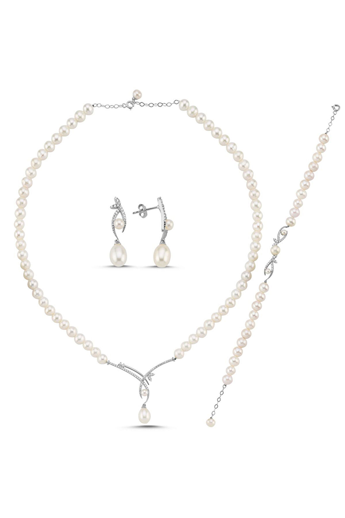 14 Ayar Altın 9 mm Yaprak Taşlı Doğal İncili Küpe Kolye Bileklik Üçlü Set