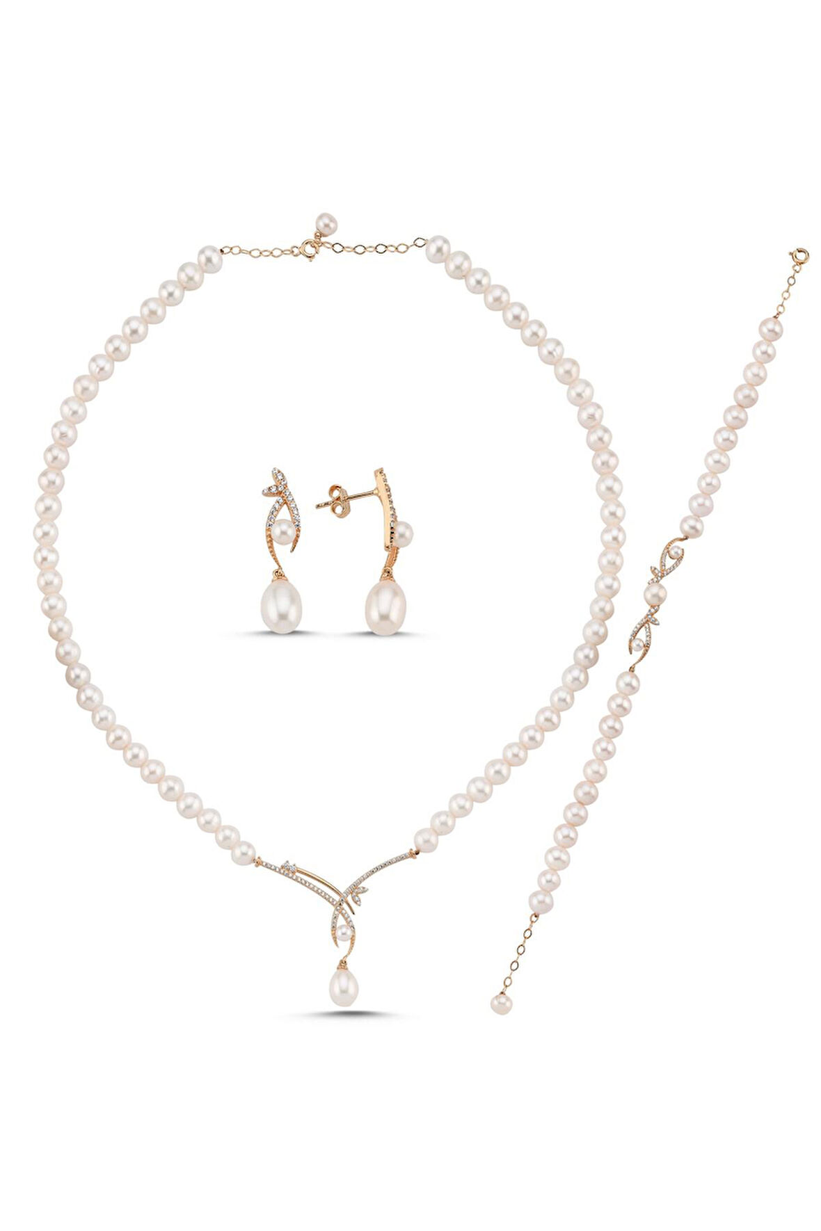 14 Ayar Altın 9 mm Yaprak Taşlı Doğal İncili Küpe Kolye Bileklik Üçlü Set