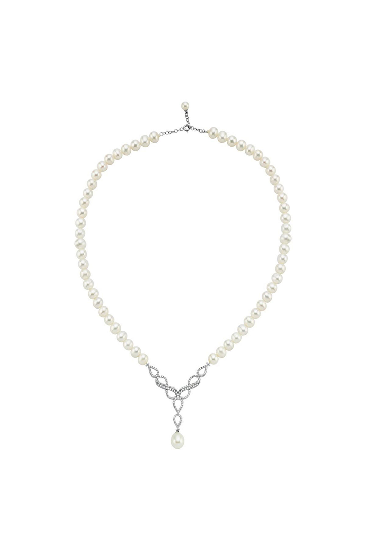 14 Ayar Altın 8 mm Sonsuzluk Taşlı Doğal İnci Sallantılı Kolye